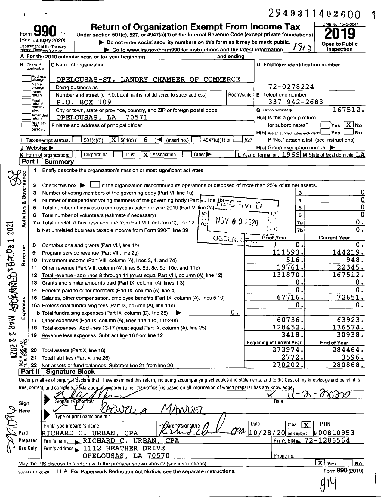 Image of first page of 2019 Form 990O for St Landry Chamnber of Commerce