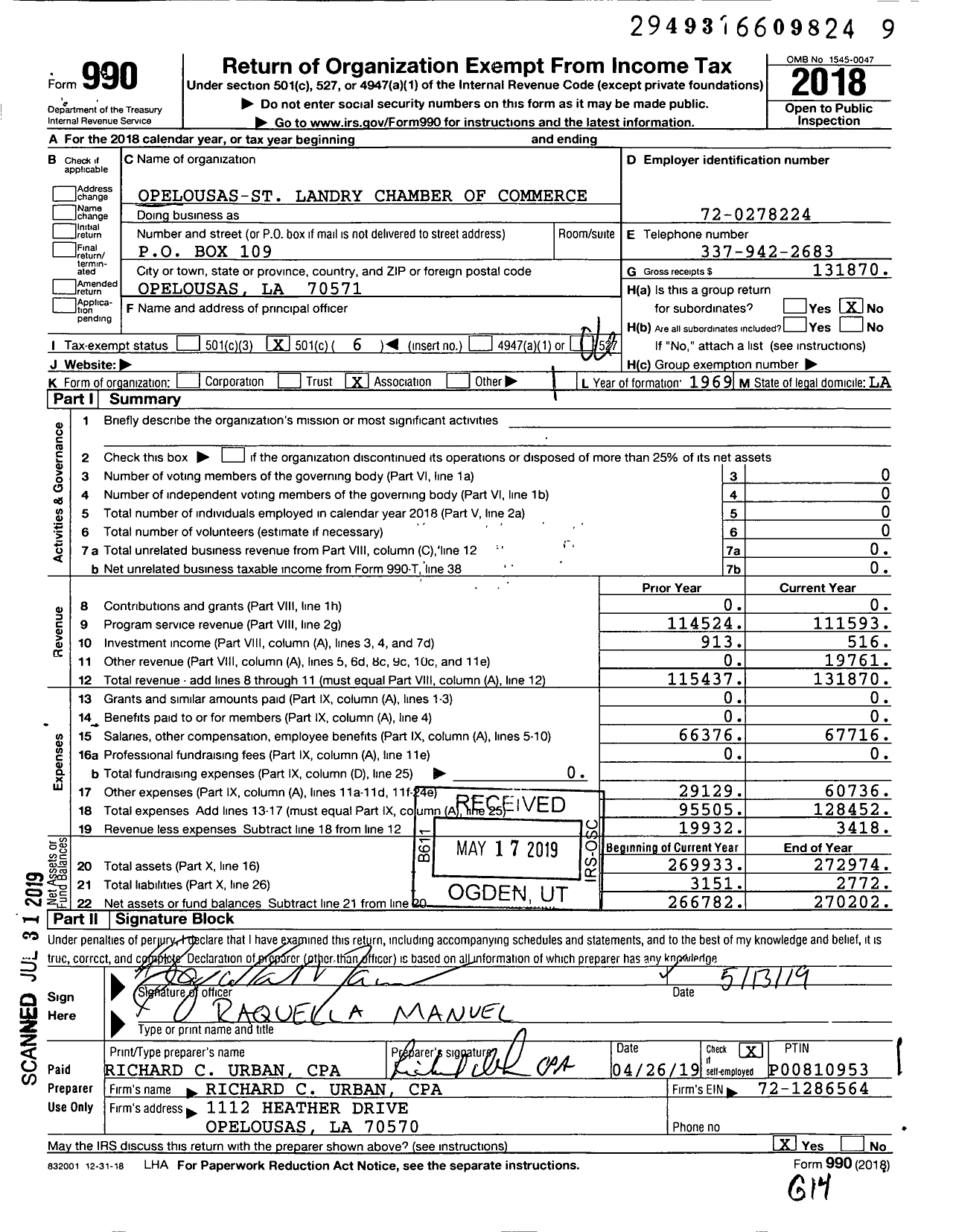 Image of first page of 2018 Form 990O for St Landry Chamnber of Commerce