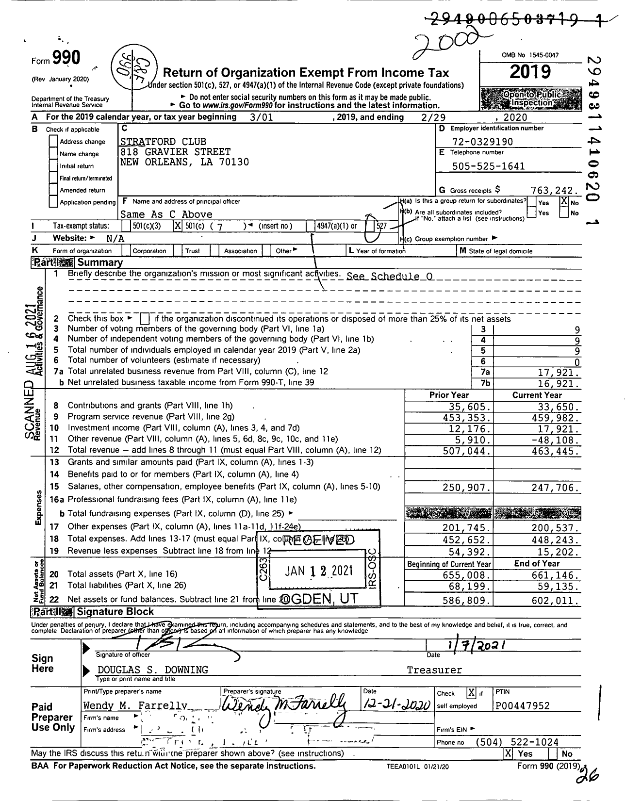 Image of first page of 2019 Form 990O for Stratford Club