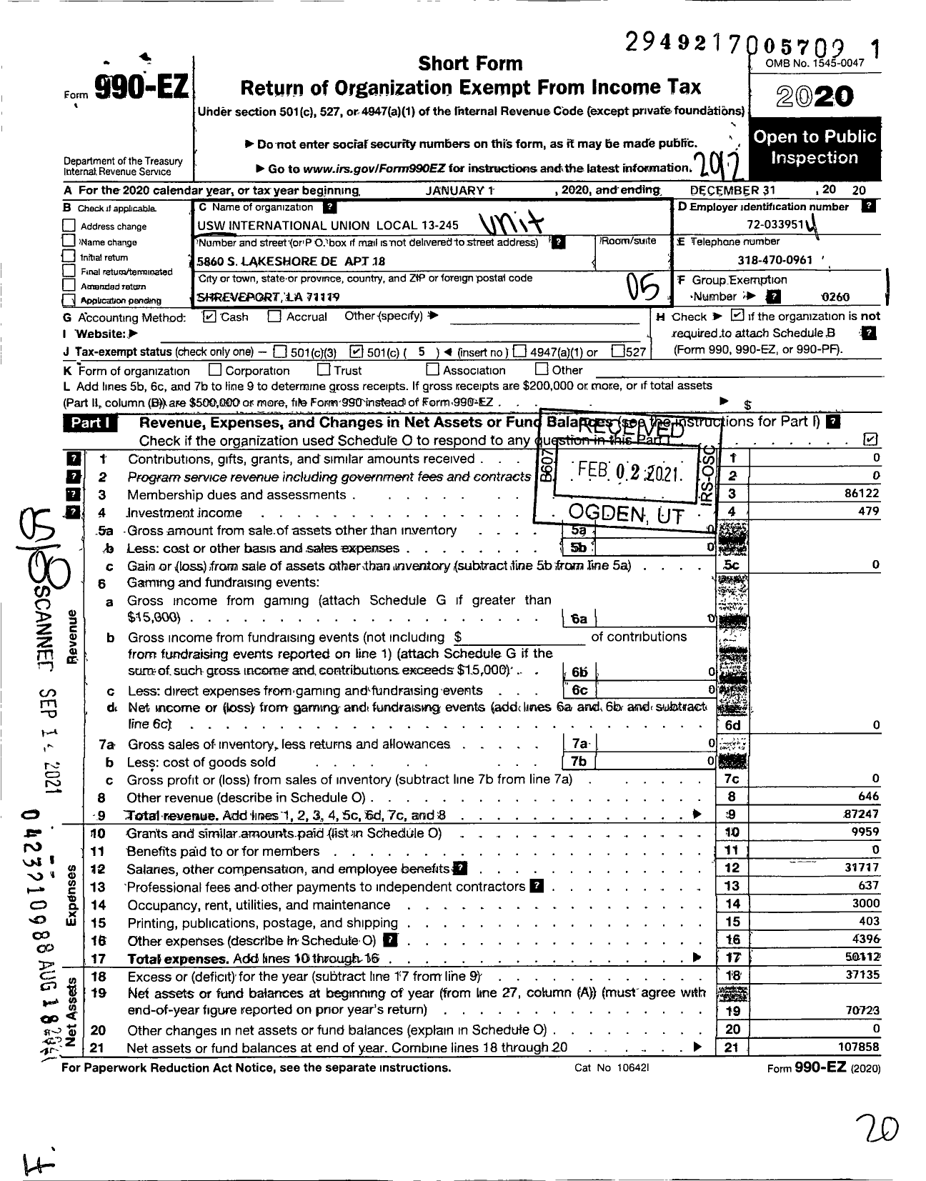 Image of first page of 2020 Form 990EO for United Steelworkers - 13-00245 Local