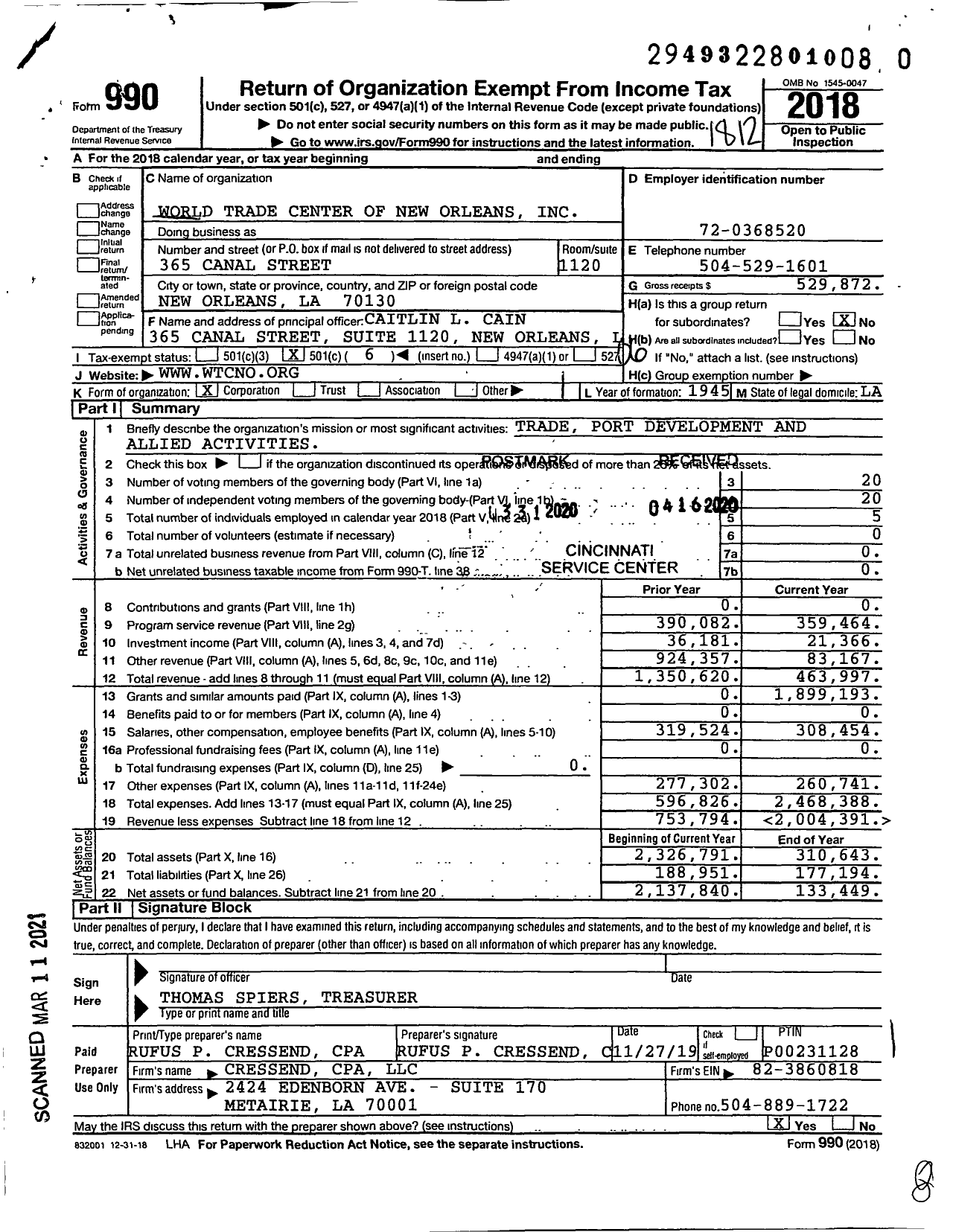 Image of first page of 2018 Form 990O for World Trade Center of New Orleans