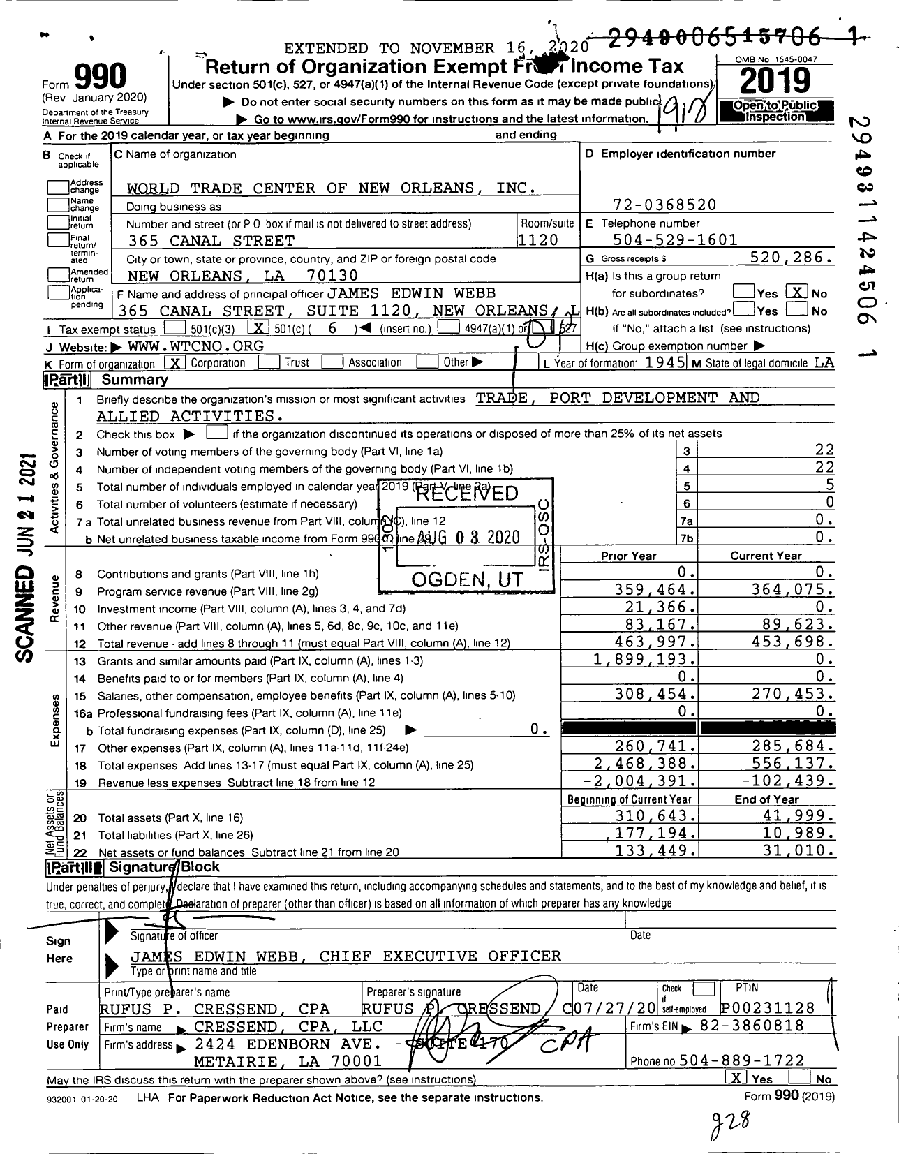 Image of first page of 2019 Form 990O for World Trade Center of New Orleans