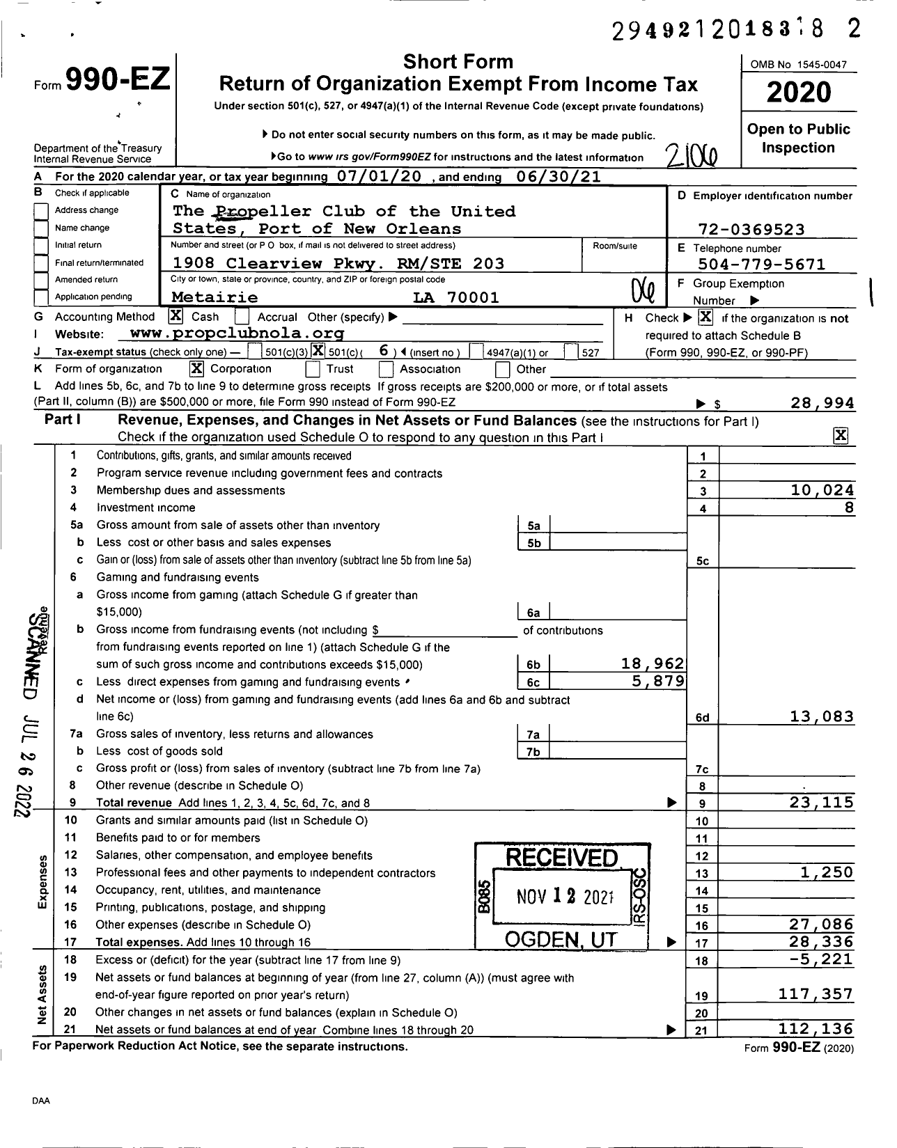 Image of first page of 2020 Form 990EO for The Propeller Club of the United States Port of New Orleans