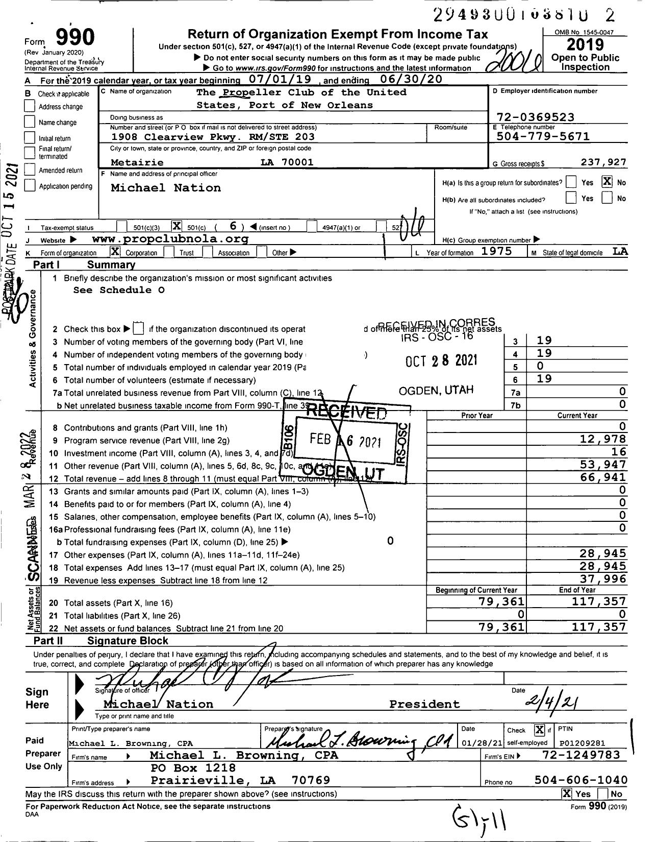 Image of first page of 2019 Form 990O for The Propeller Club of the United States Port of New Orleans