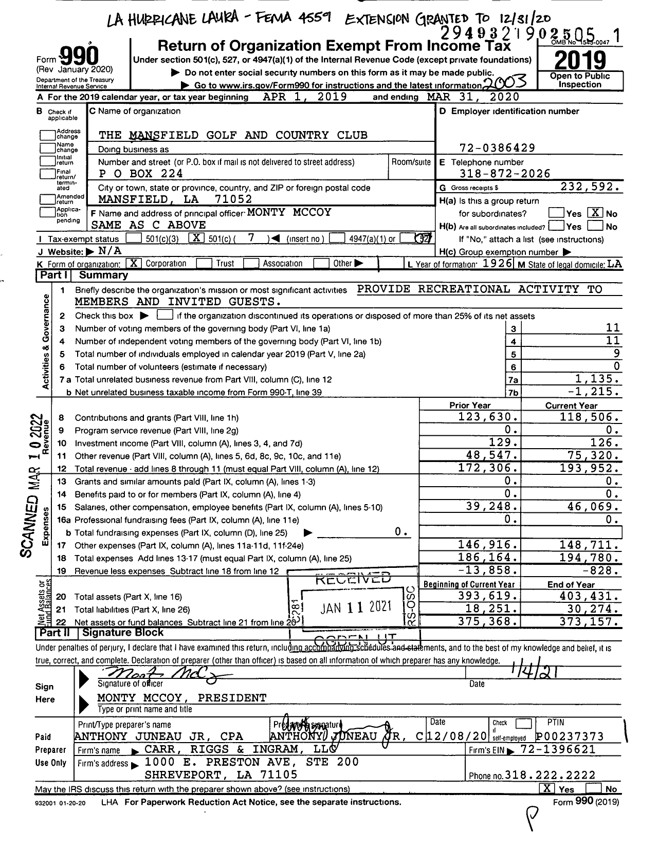 Image of first page of 2019 Form 990O for The Mansfield Golf and Country Club