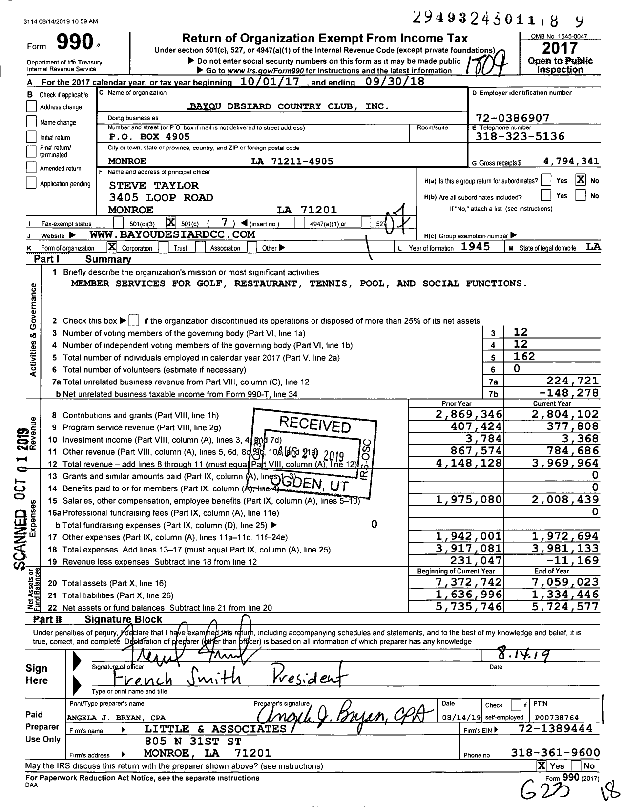 Image of first page of 2017 Form 990O for Bayou Desiard Country Club