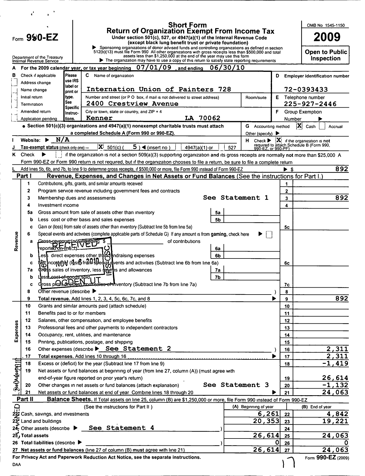 Image of first page of 2009 Form 990EO for International Union of Painters and Allied Trades - 728