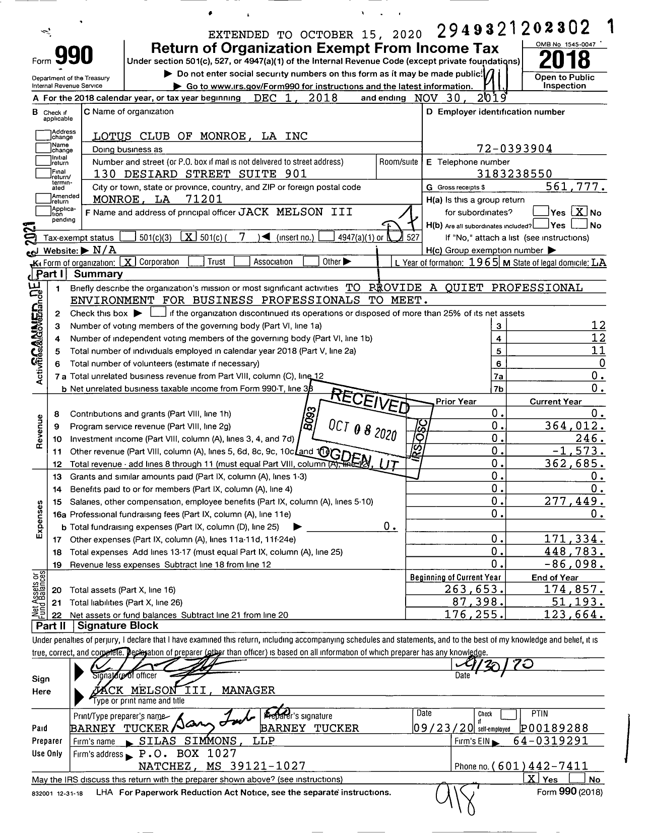 Image of first page of 2018 Form 990O for Lotus Club of Monroe LA