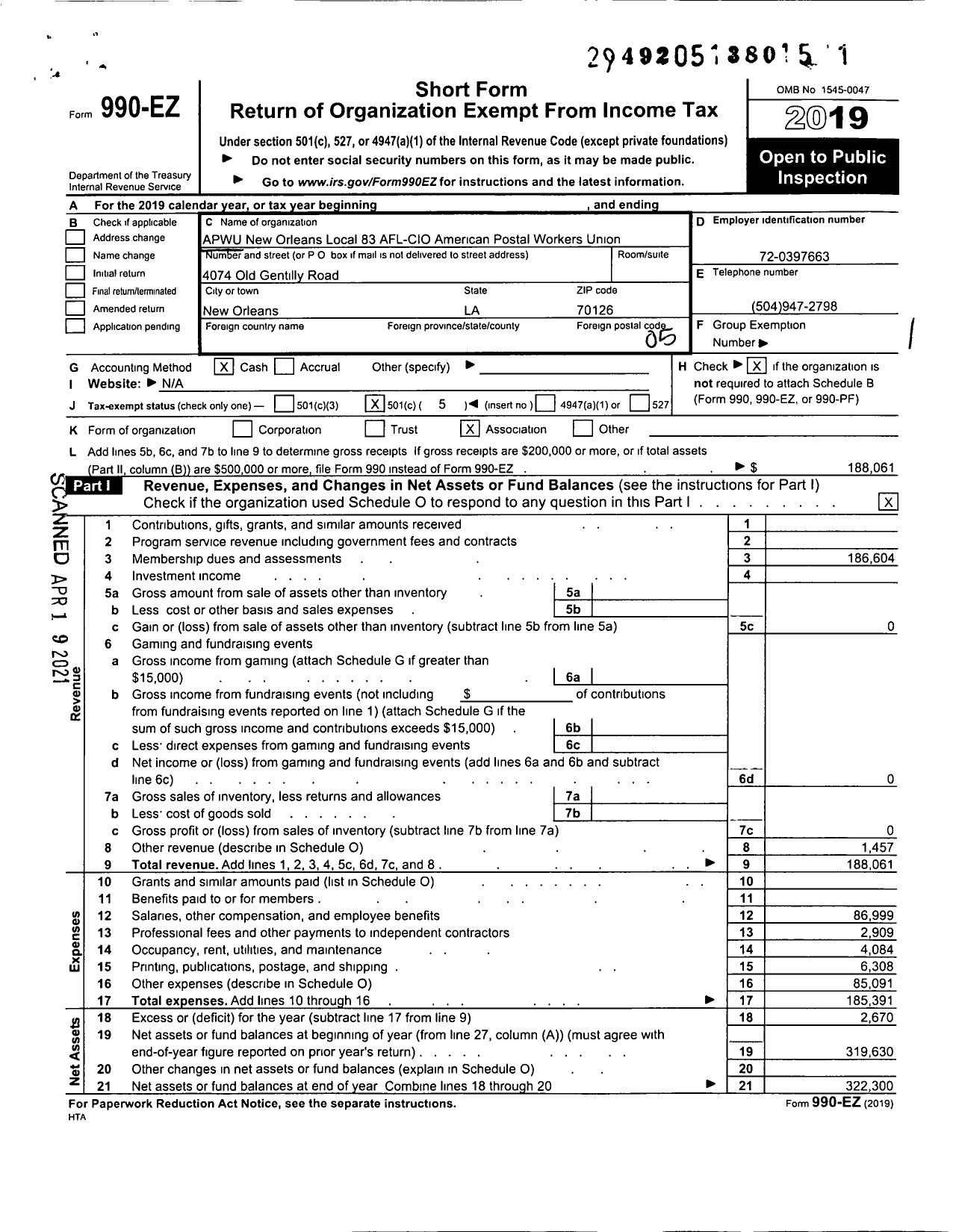 Image of first page of 2019 Form 990EO for AMERICAN POSTAL WORKERS UNION - 83 New Orleans Local