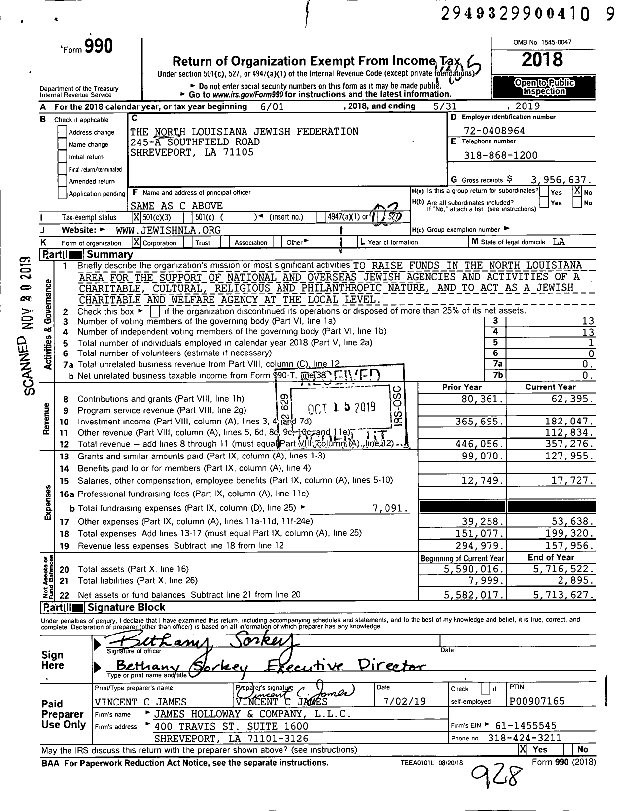Image of first page of 2018 Form 990 for The North Louisiana Jewish Federation
