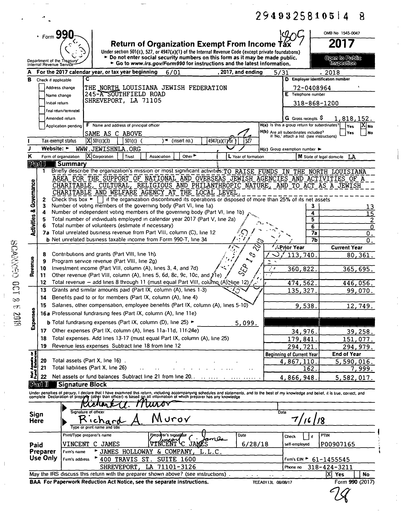 Image of first page of 2017 Form 990 for The North Louisiana Jewish Federation