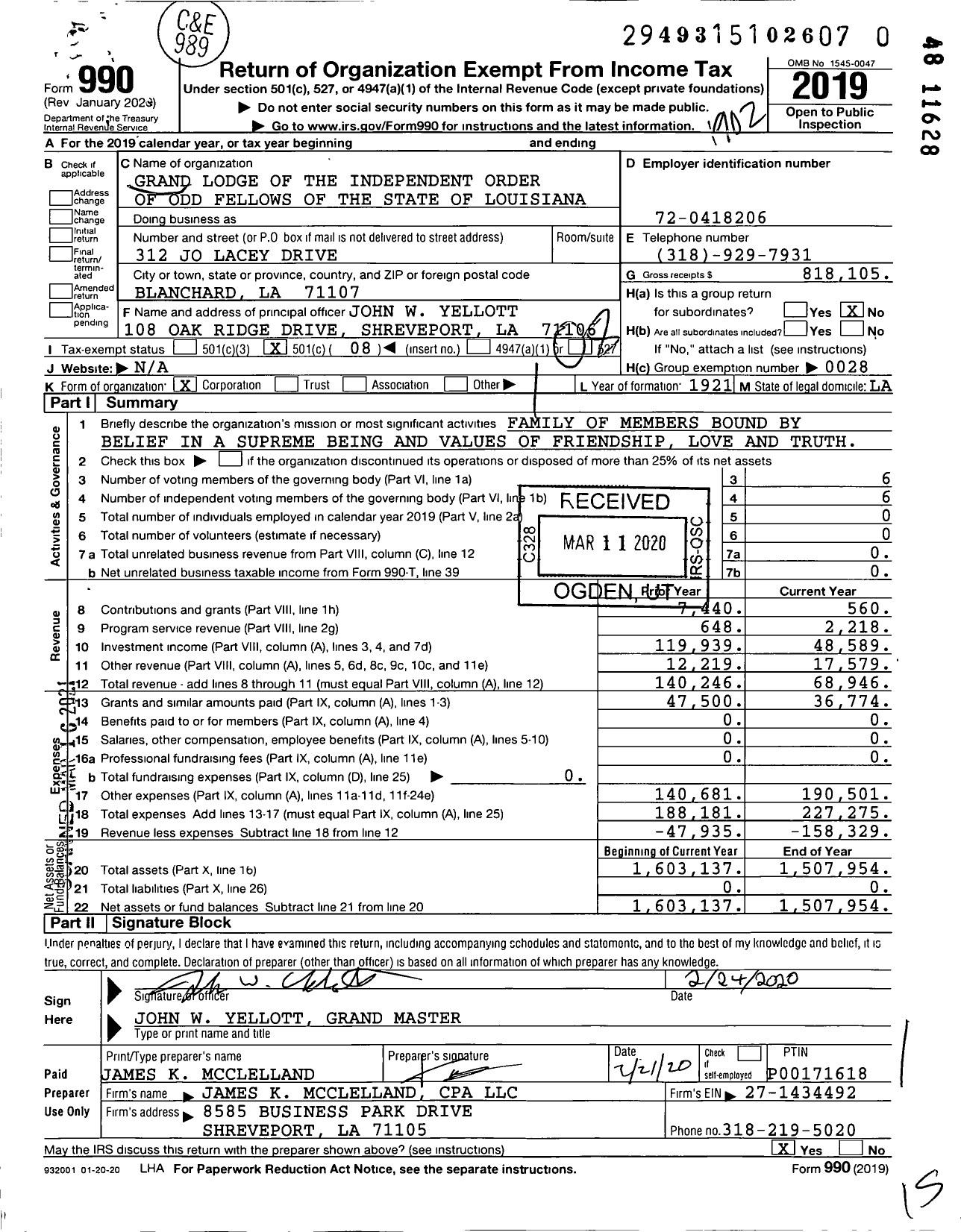 Image of first page of 2018 Form 990O for Grand Lodge of the Independent Order of Odd Fellows of the State of Louisiana