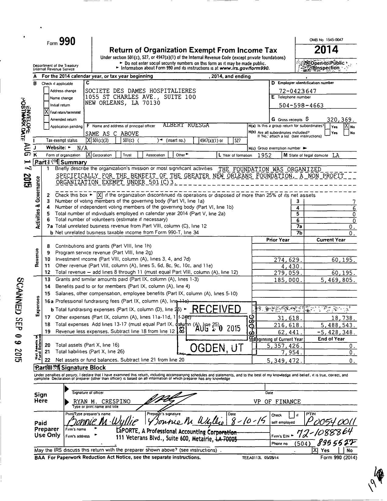 Image of first page of 2014 Form 990 for Societe Des Dames Hospitalieres