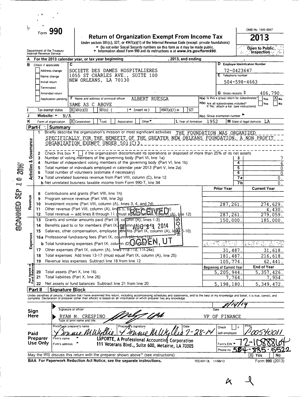 Image of first page of 2013 Form 990 for Societe Des Dames Hospitalieres