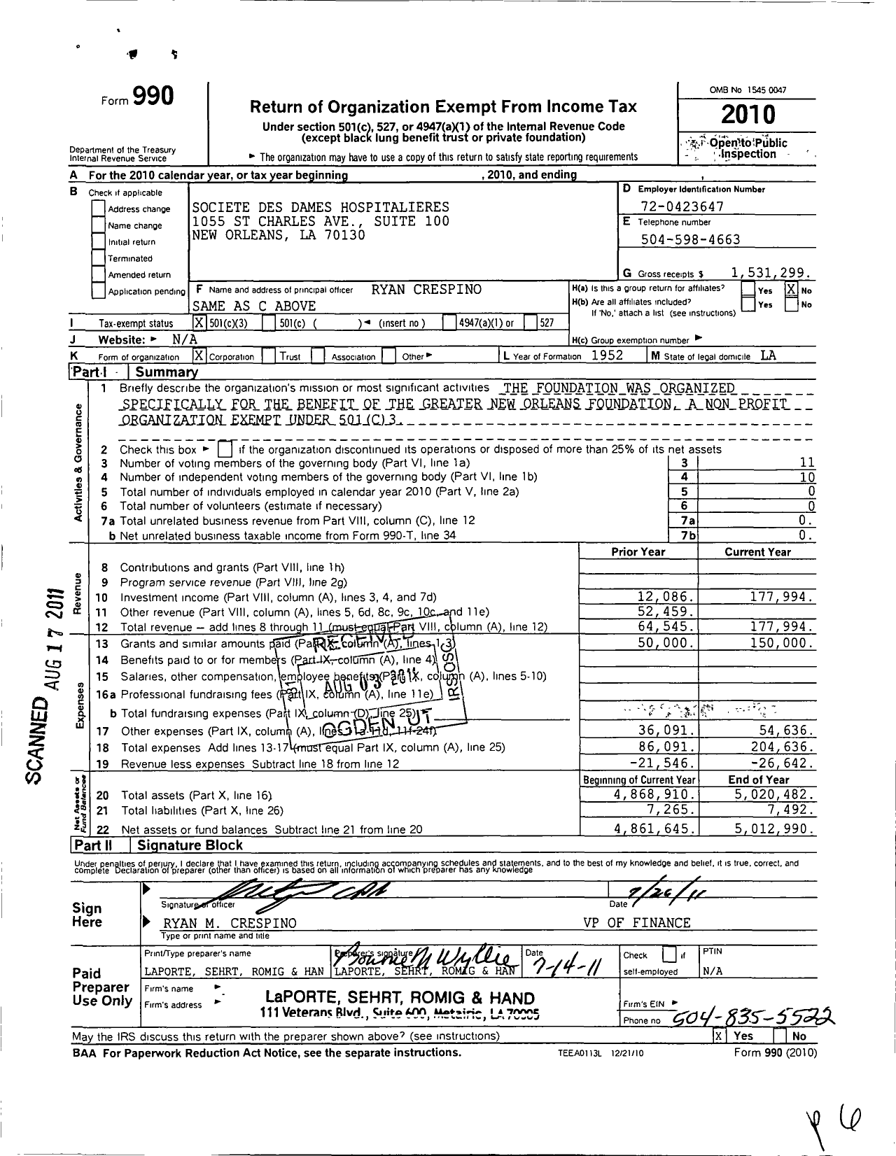 Image of first page of 2010 Form 990 for Societe Des Dames Hospitalieres