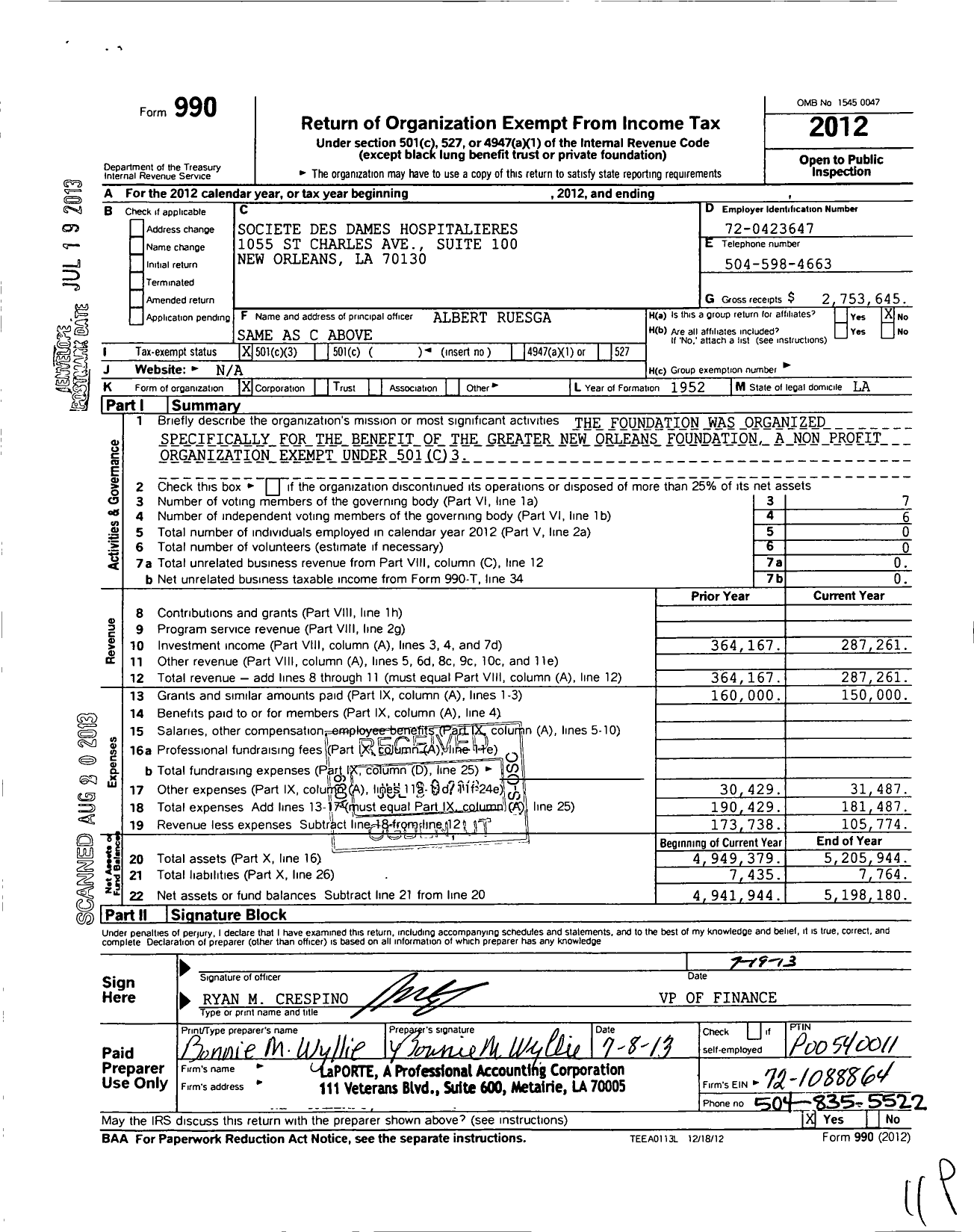 Image of first page of 2012 Form 990 for Societe Des Dames Hospitalieres