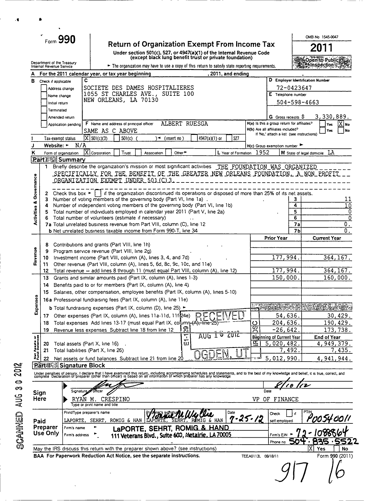 Image of first page of 2011 Form 990 for Societe Des Dames Hospitalieres