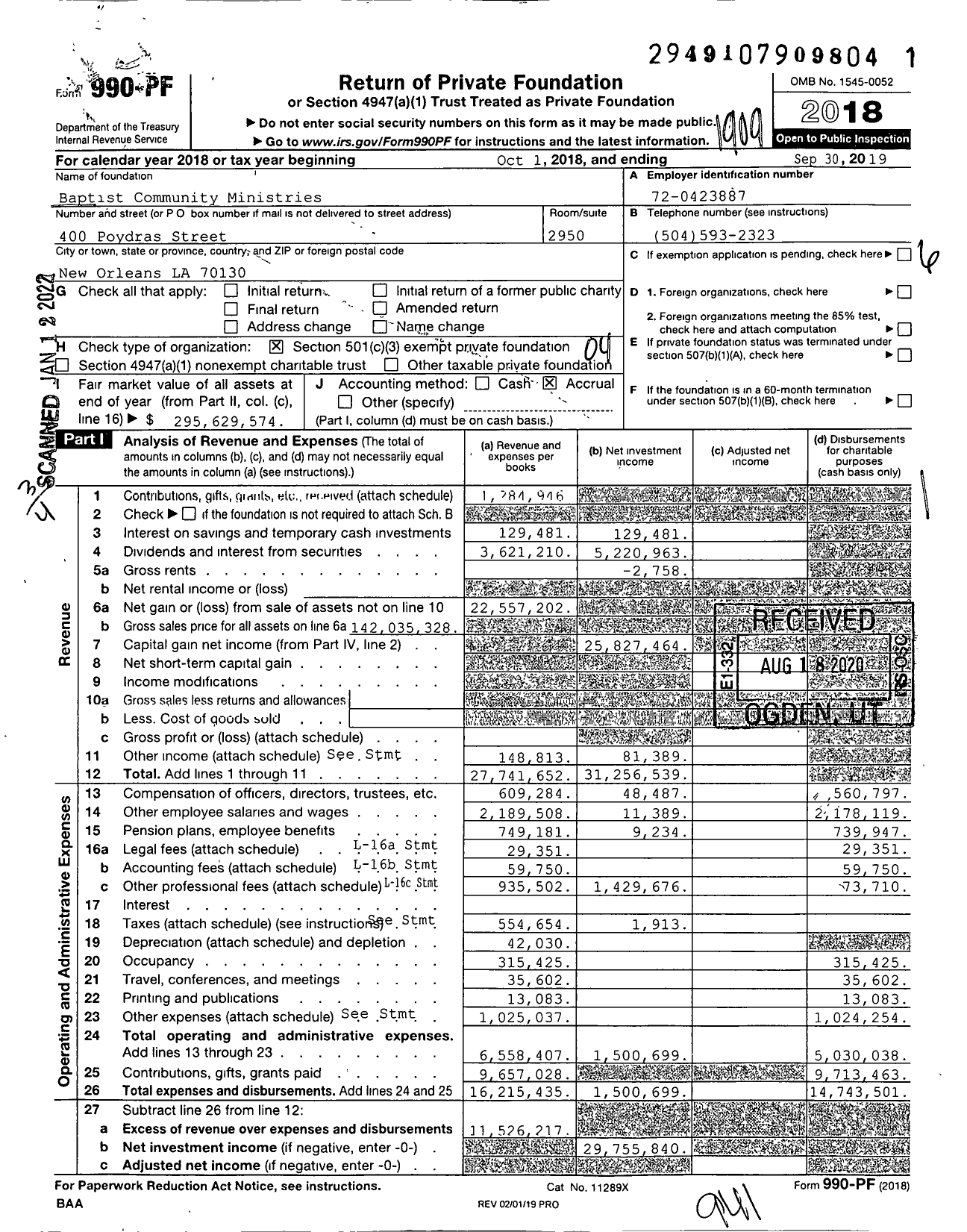 Image of first page of 2018 Form 990PF for Baptist Community Ministries (BCM)