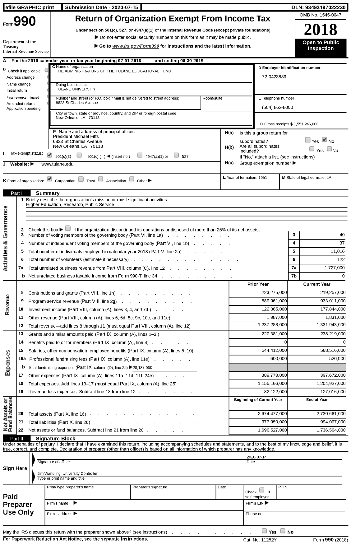 Image of first page of 2018 Form 990 for Tulane University