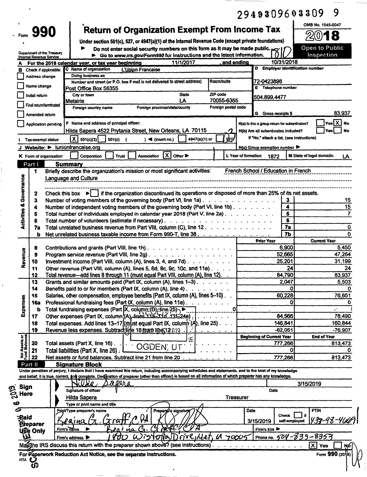 Image of first page of 2017 Form 990 for Lunion Francaise