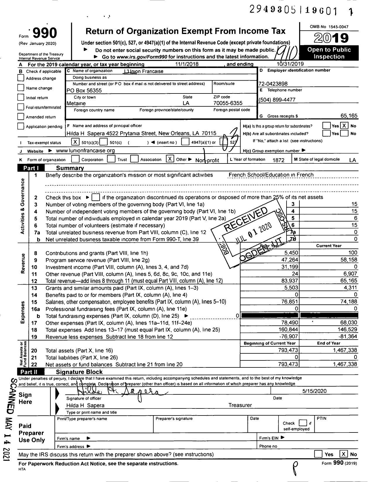 Image of first page of 2018 Form 990 for Lunion Francaise