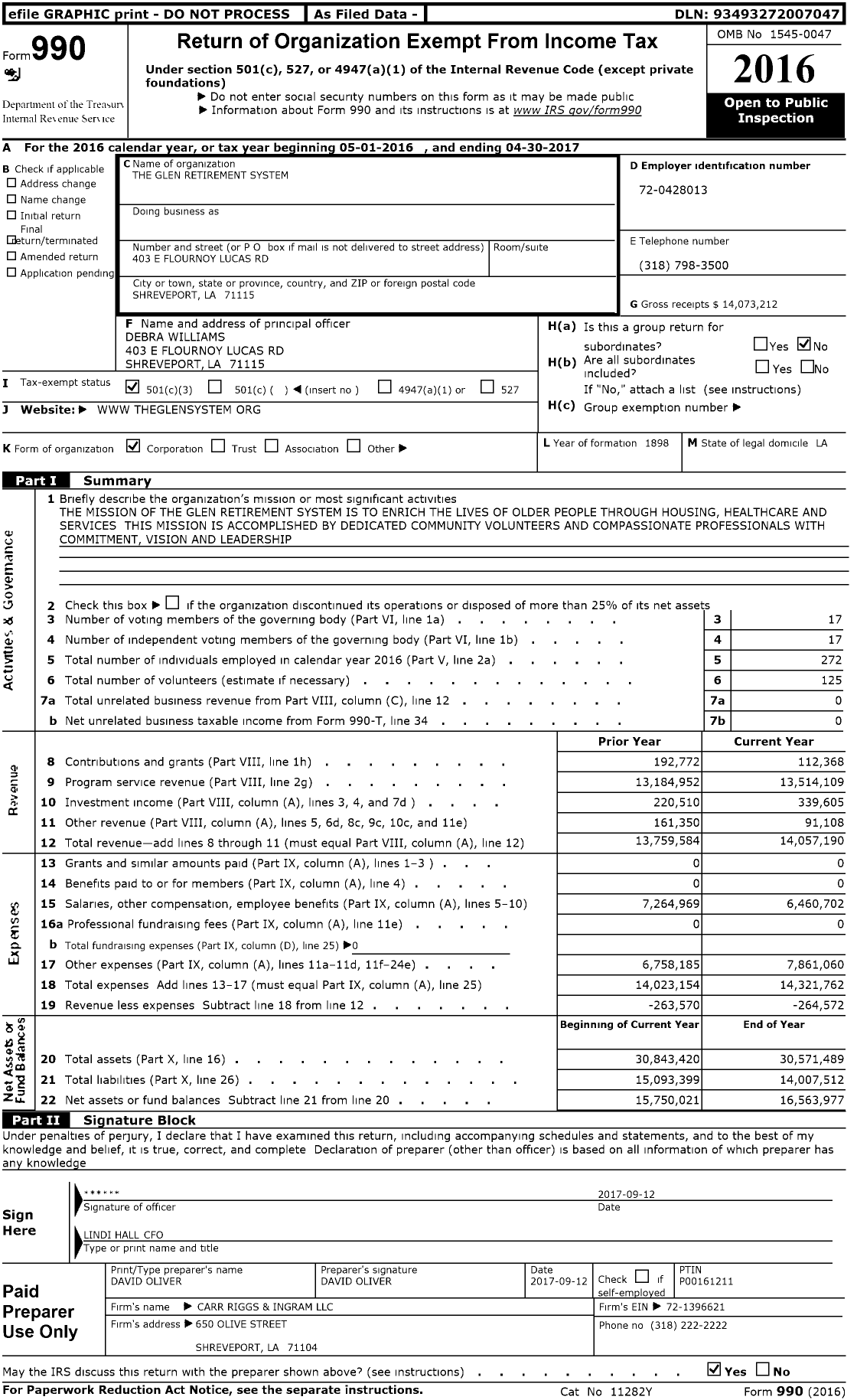 Image of first page of 2016 Form 990 for The Glen Retirement System