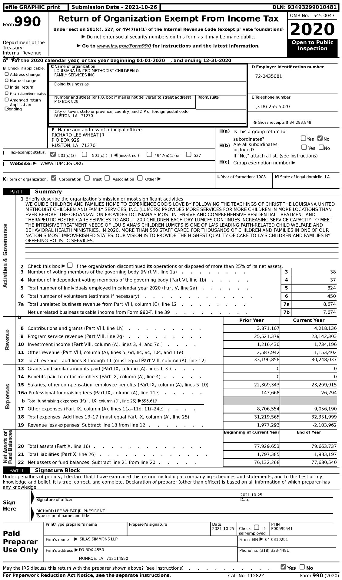 Image of first page of 2020 Form 990 for Louisiana United Methodist Children and Family Services