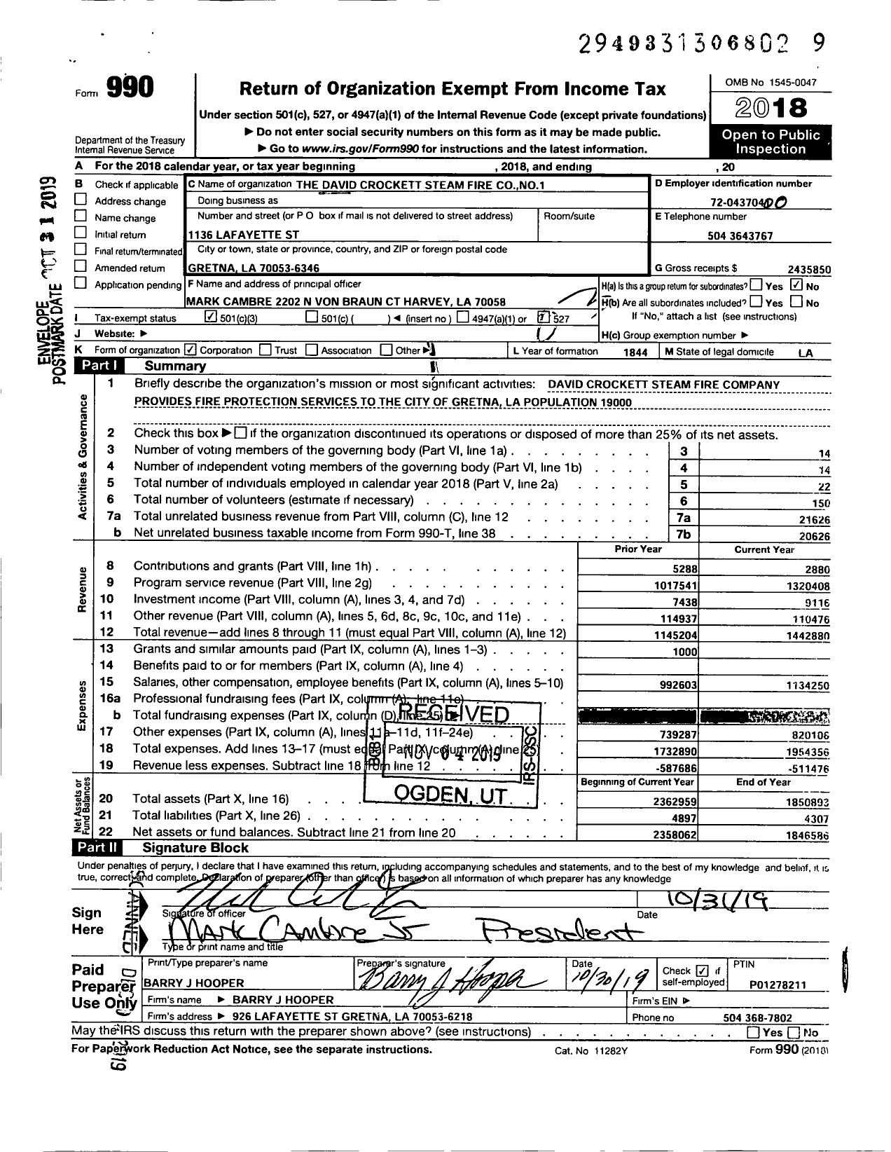 Image of first page of 2018 Form 990 for David Crockett Steam Fire Co Number One