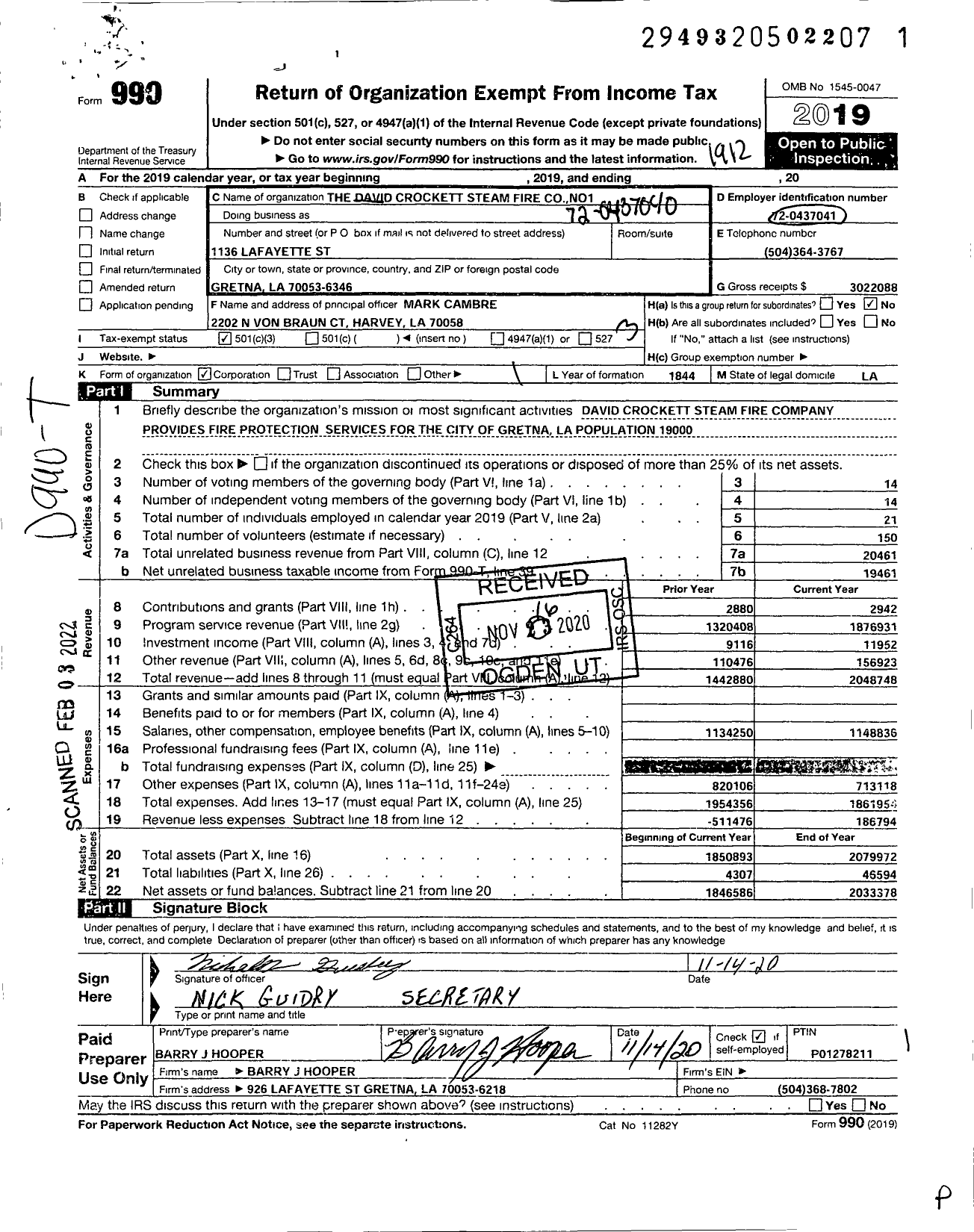 Image of first page of 2019 Form 990 for David Crockett Steam Fire Co Number One