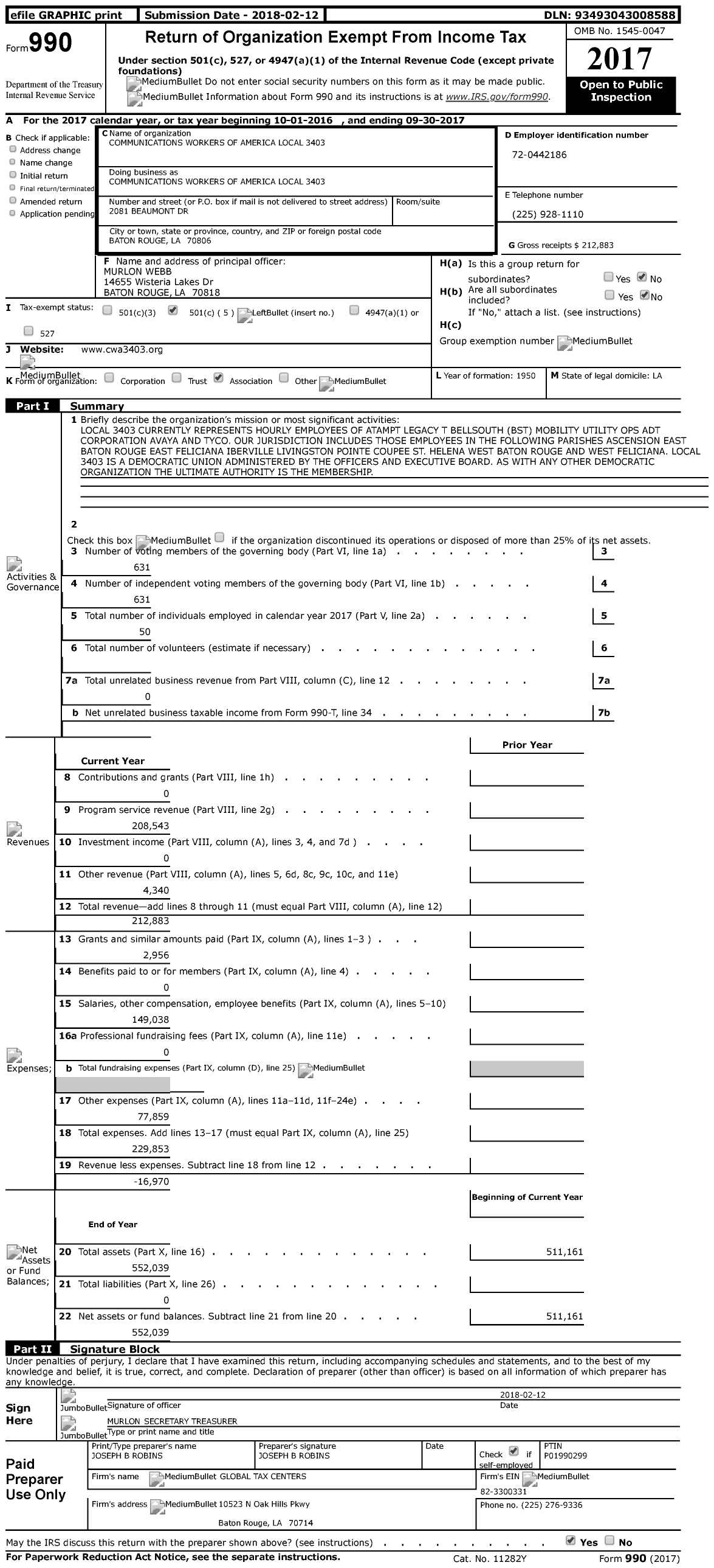 Image of first page of 2016 Form 990 for Communications Workers of America - Communications Workers of America Local 3403