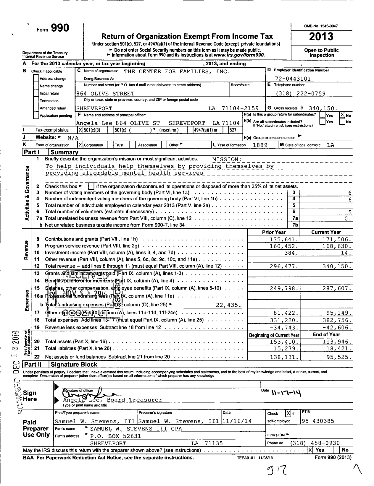 Image of first page of 2013 Form 990 for The Center for Families