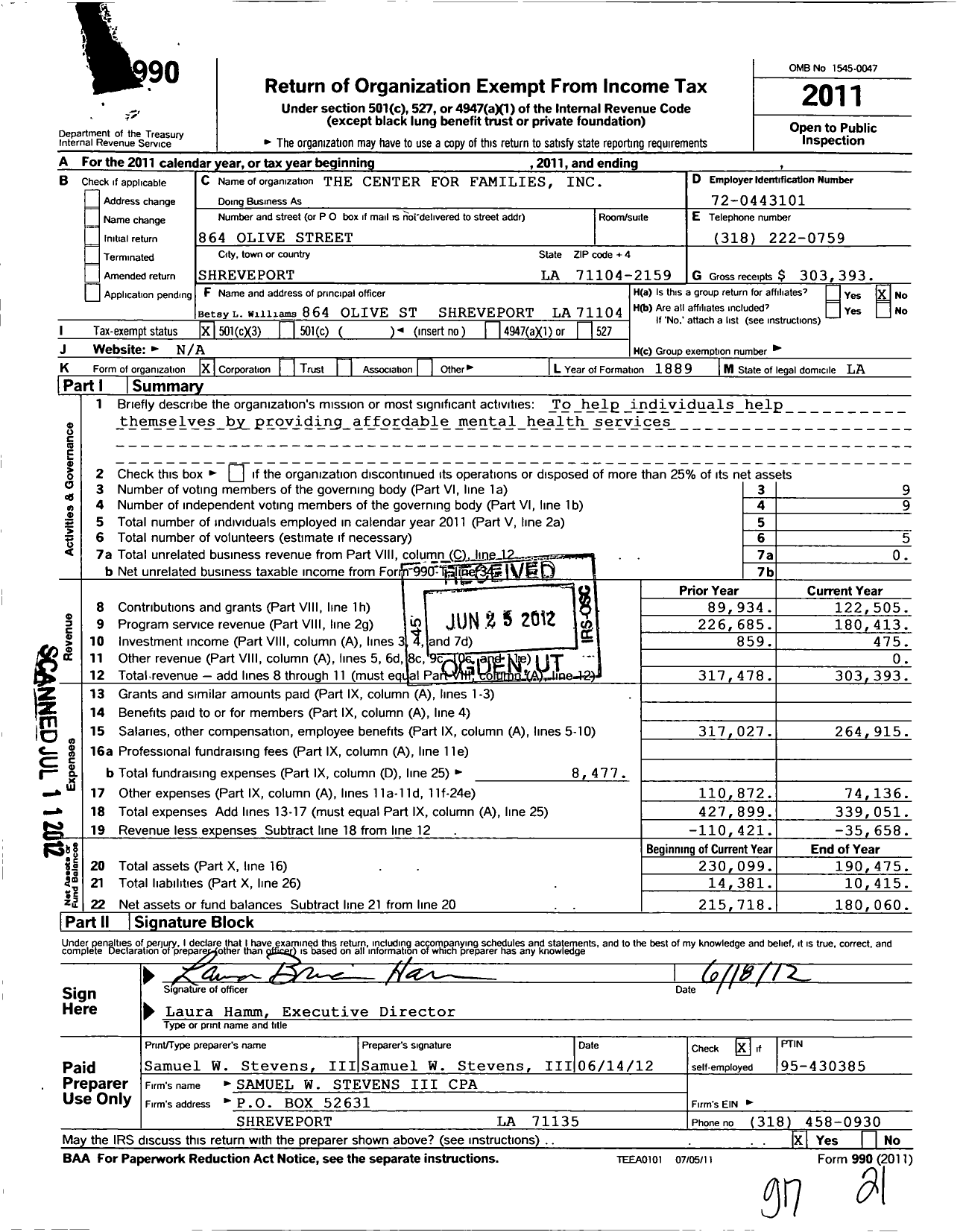 Image of first page of 2011 Form 990 for The Center for Families