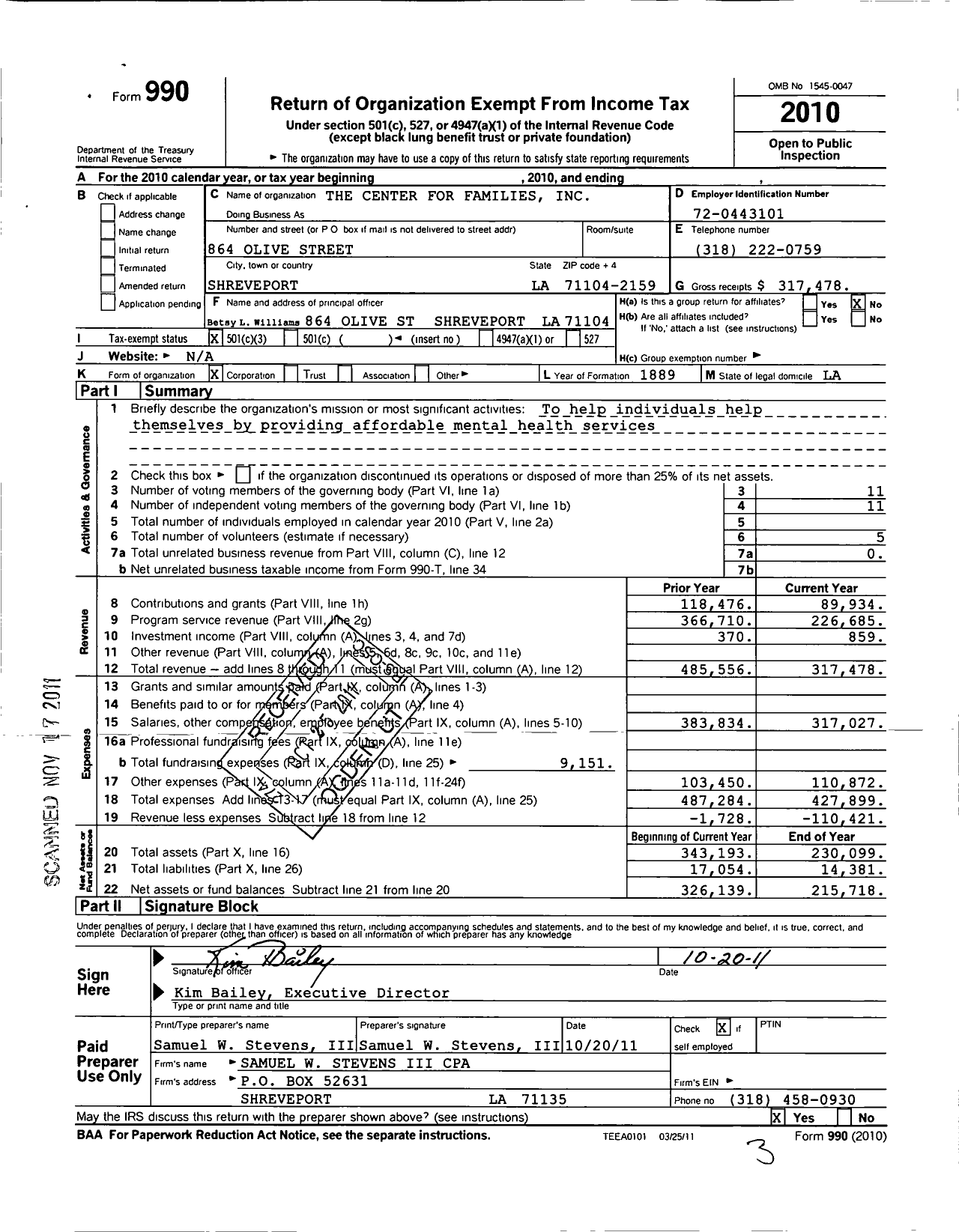 Image of first page of 2010 Form 990 for The Center for Families