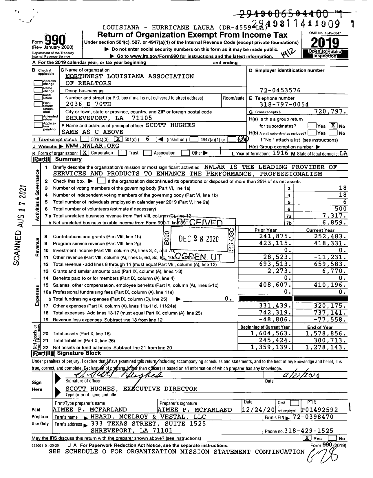 Image of first page of 2019 Form 990O for Northwest Louisiana Association of Realtors
