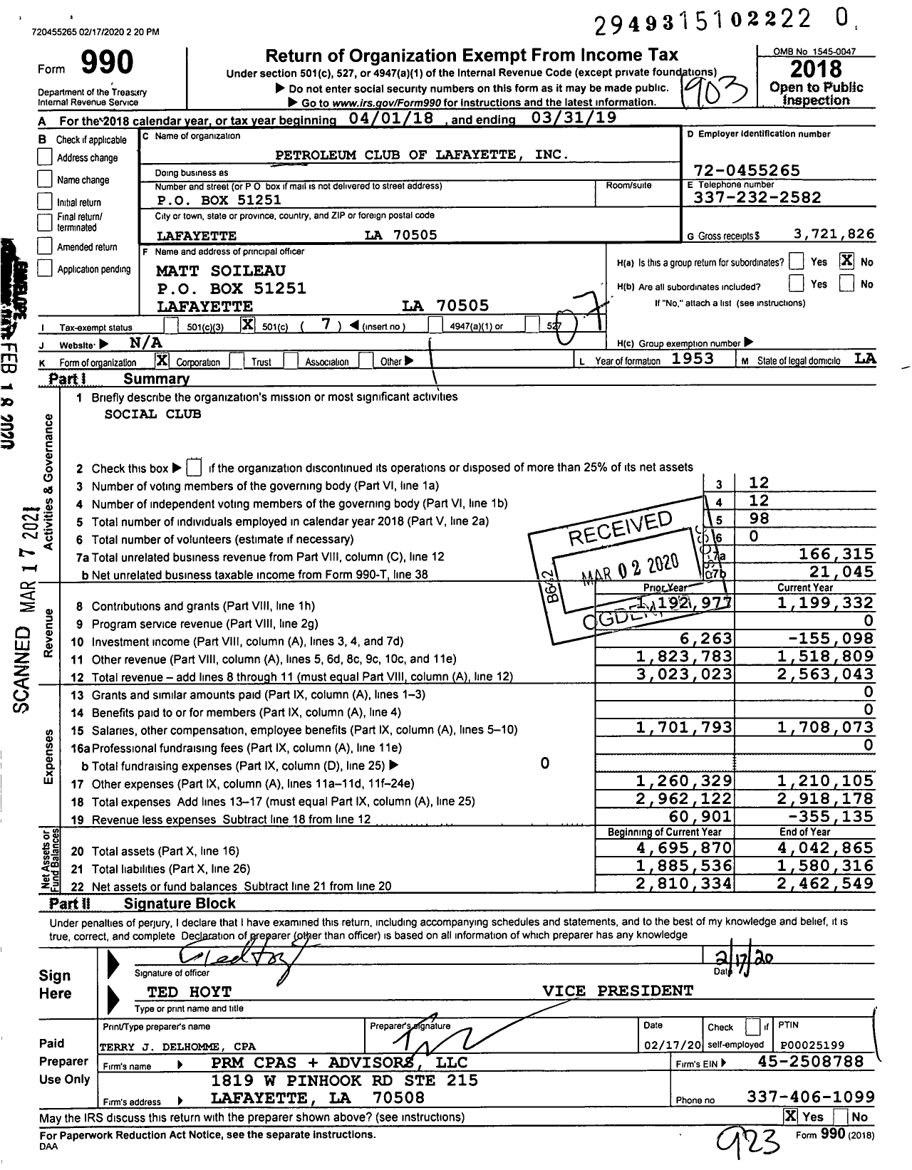 Image of first page of 2018 Form 990O for Petroleum Club of Lafayette
