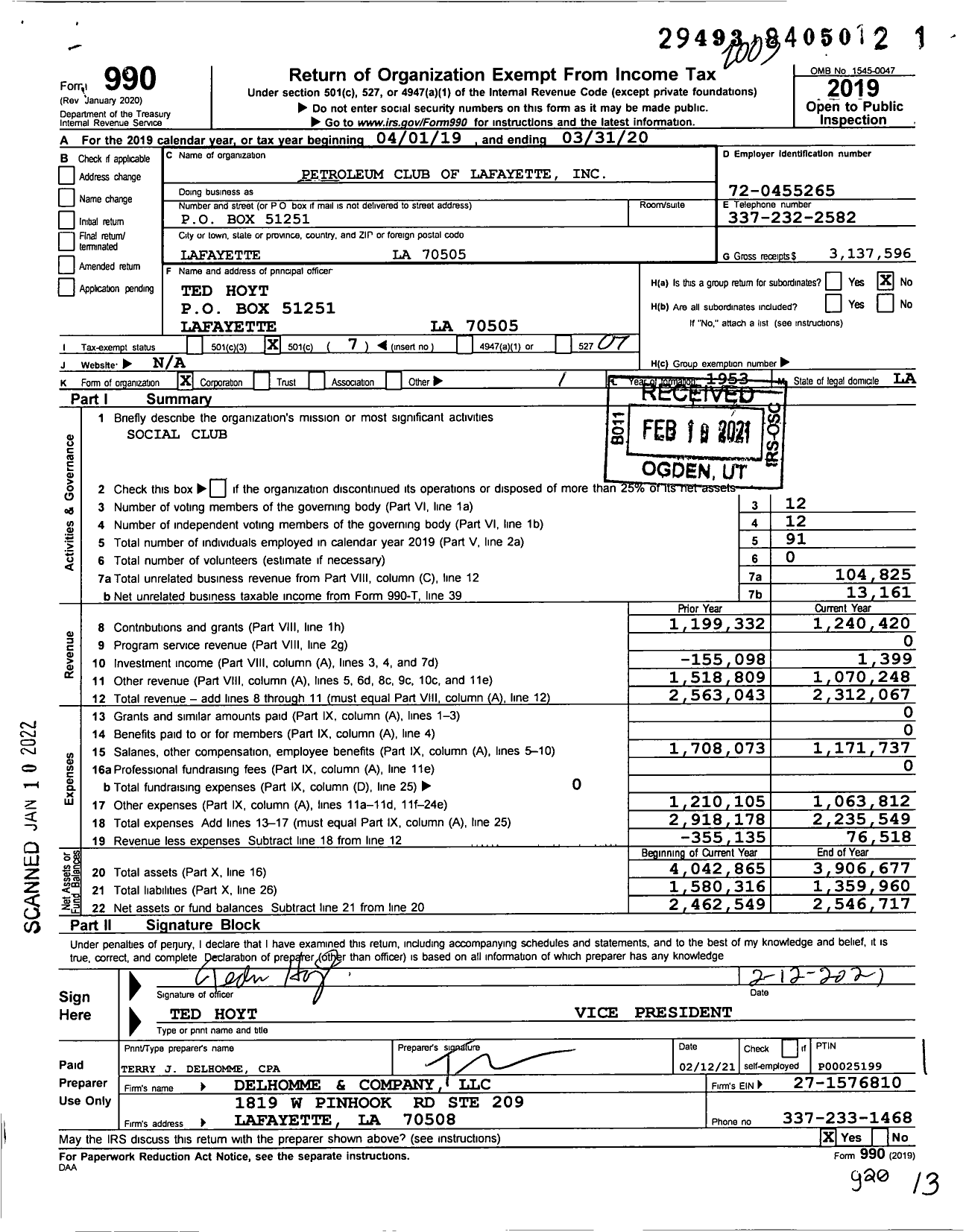 Image of first page of 2019 Form 990O for Petroleum Club of Lafayette
