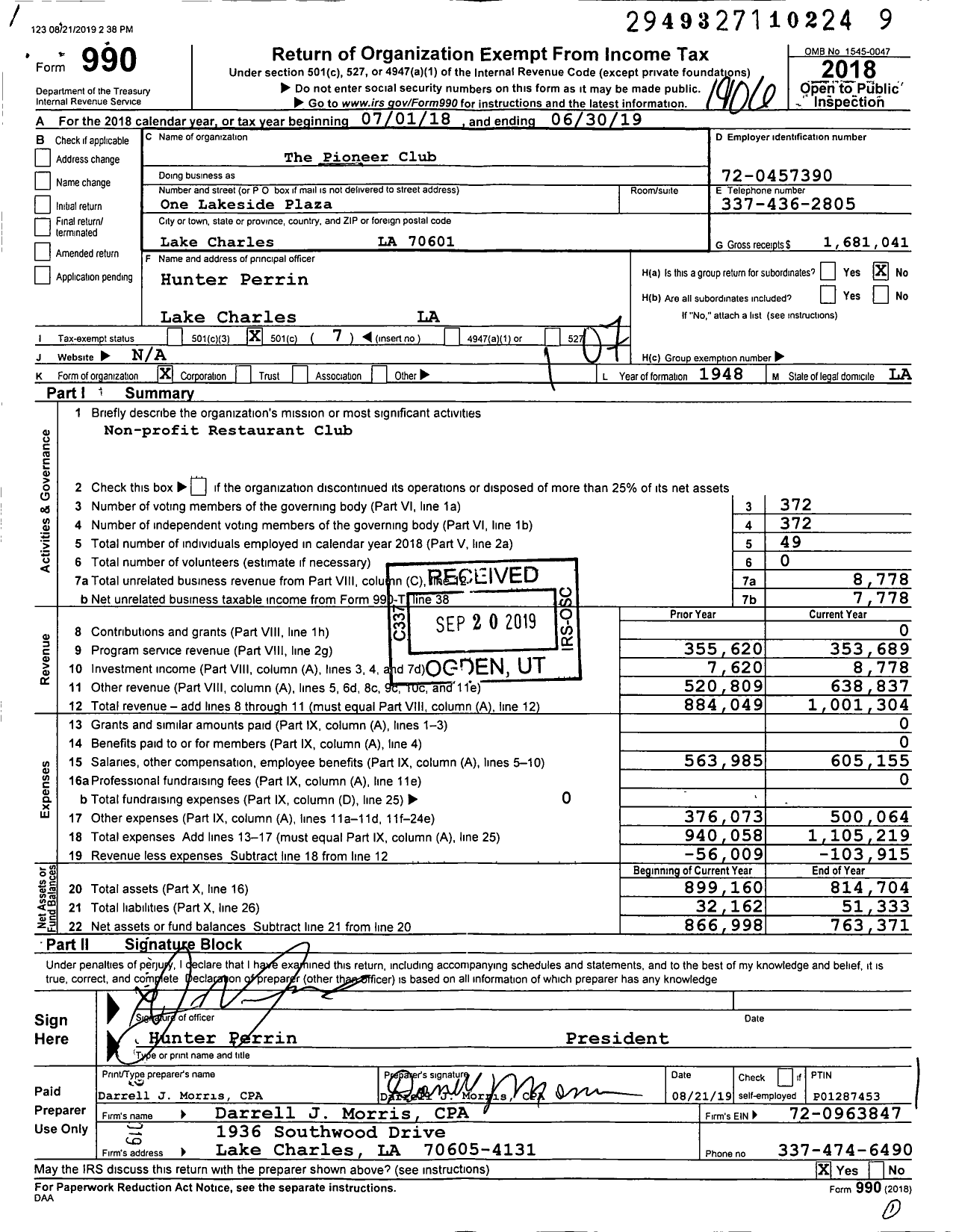 Image of first page of 2018 Form 990O for The Pioneer Club