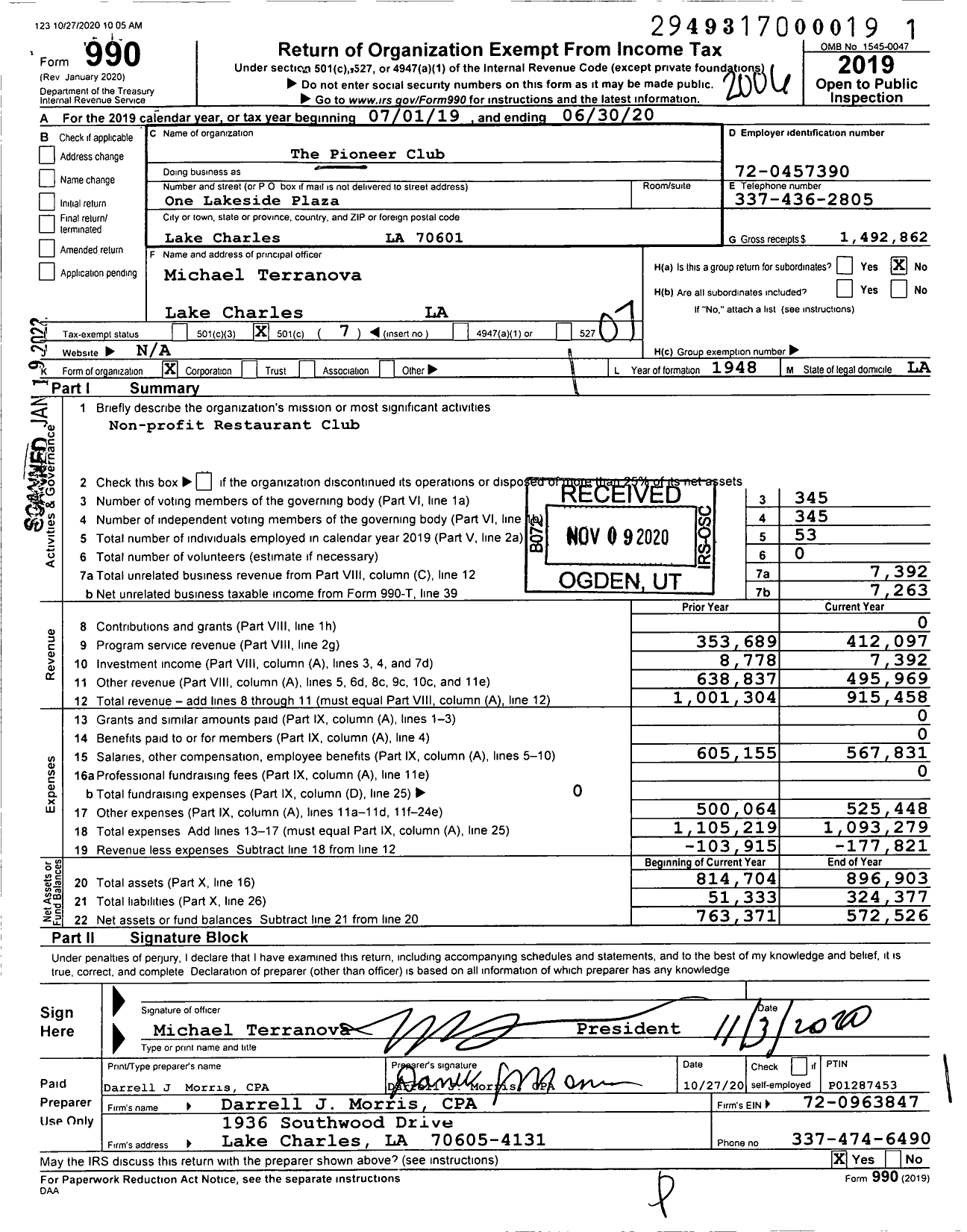 Image of first page of 2019 Form 990O for The Pioneer Club