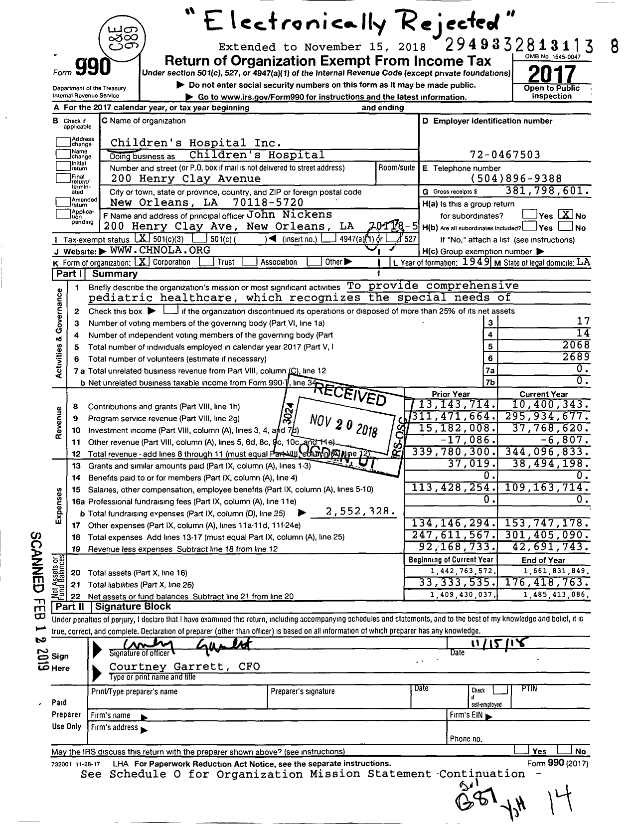 Image of first page of 2017 Form 990 for Children's Hospital (CHNOLA)