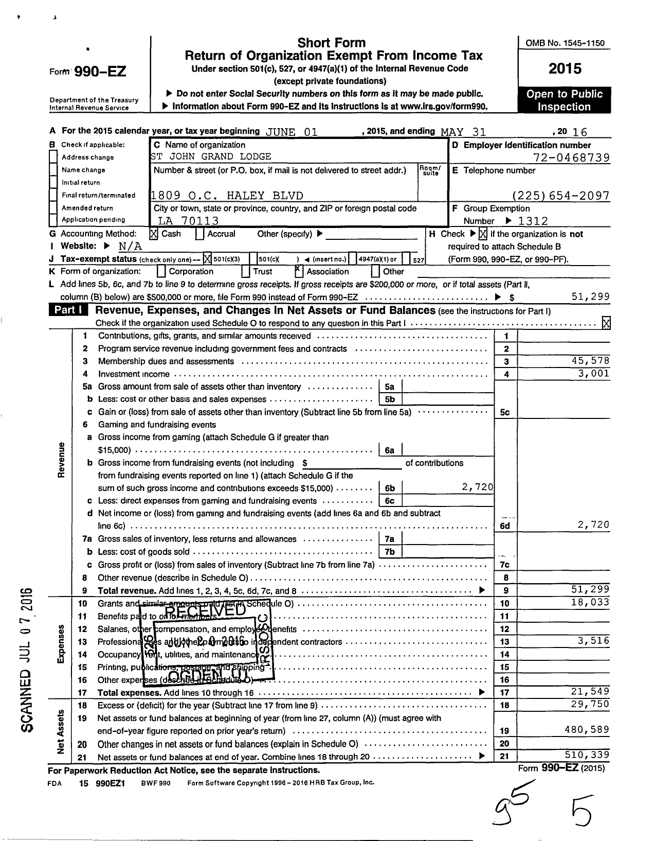 Image of first page of 2015 Form 990EZ for St Johns Grand Lodge
