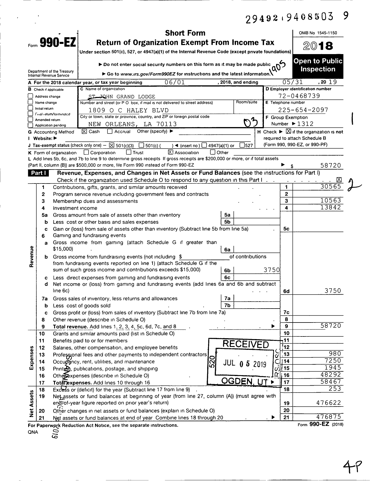 Image of first page of 2018 Form 990EZ for St Johns Grand Lodge