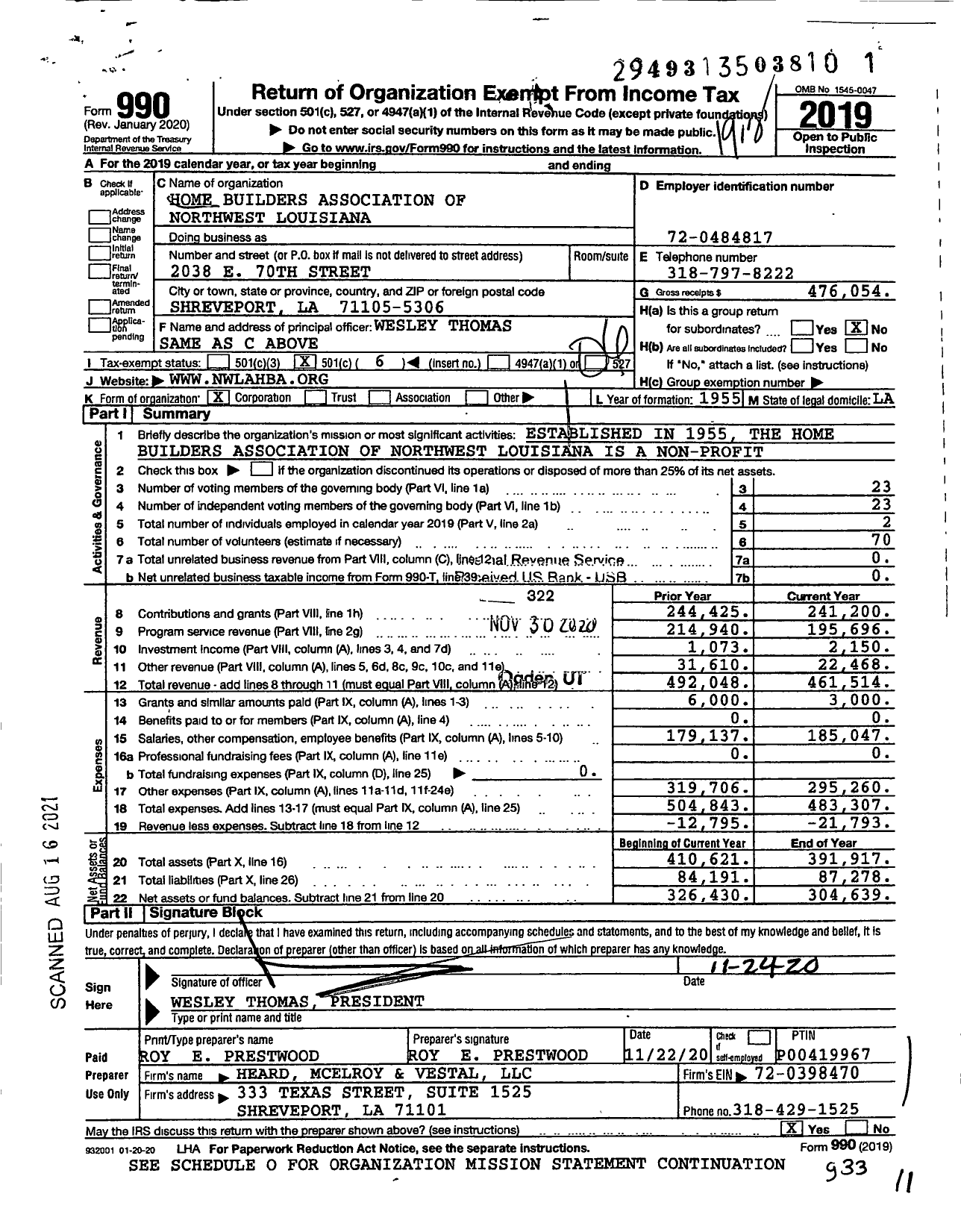 Image of first page of 2019 Form 990O for Home Builders Association of Northwest Louisiana