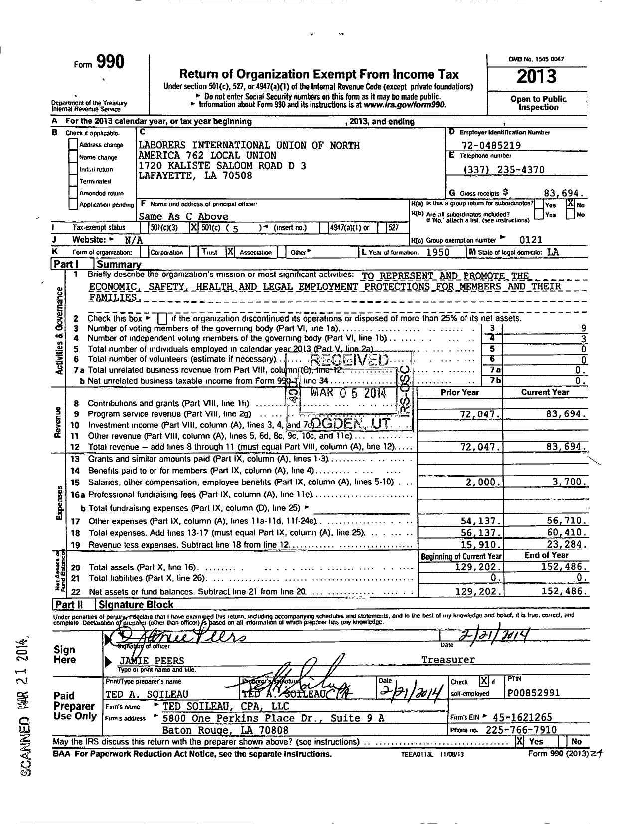 Image of first page of 2013 Form 990O for Laborers International Union of North America 762 Local Union