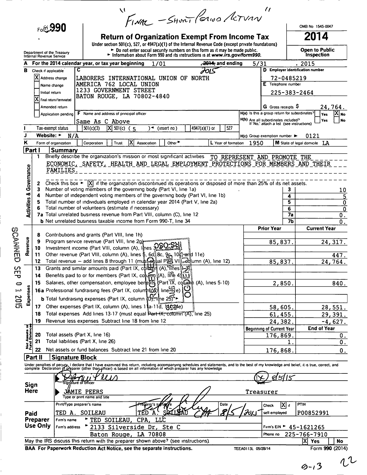 Image of first page of 2014 Form 990O for Laborers International Union of North America 762 Local Union