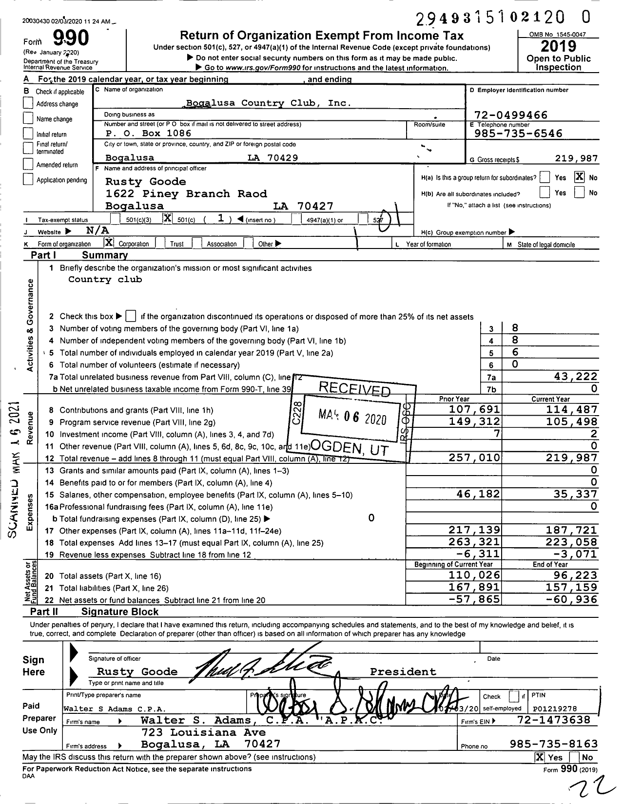 Image of first page of 2019 Form 990O for Bogalusa Country Club