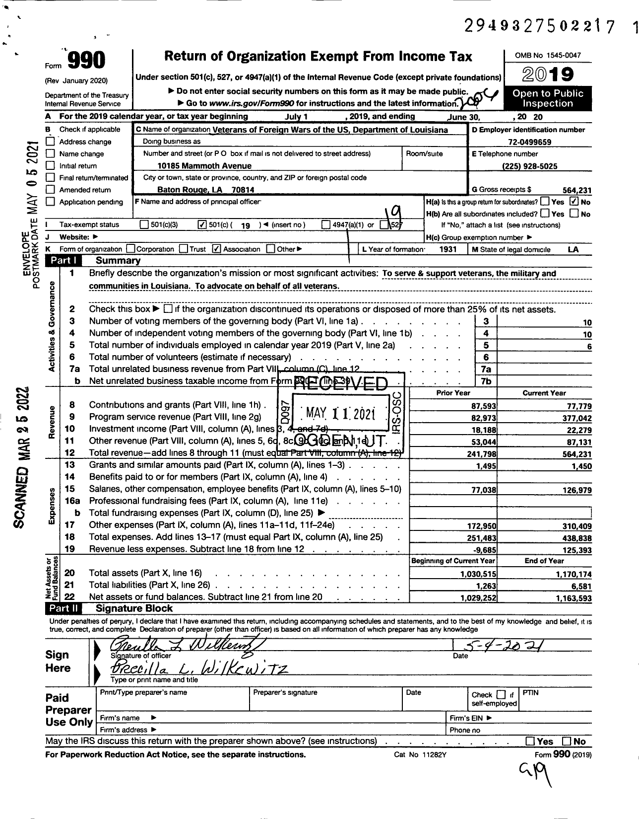 Image of first page of 2019 Form 990O for Veterans of Foreign Wars of the United States Dept of Louisiana