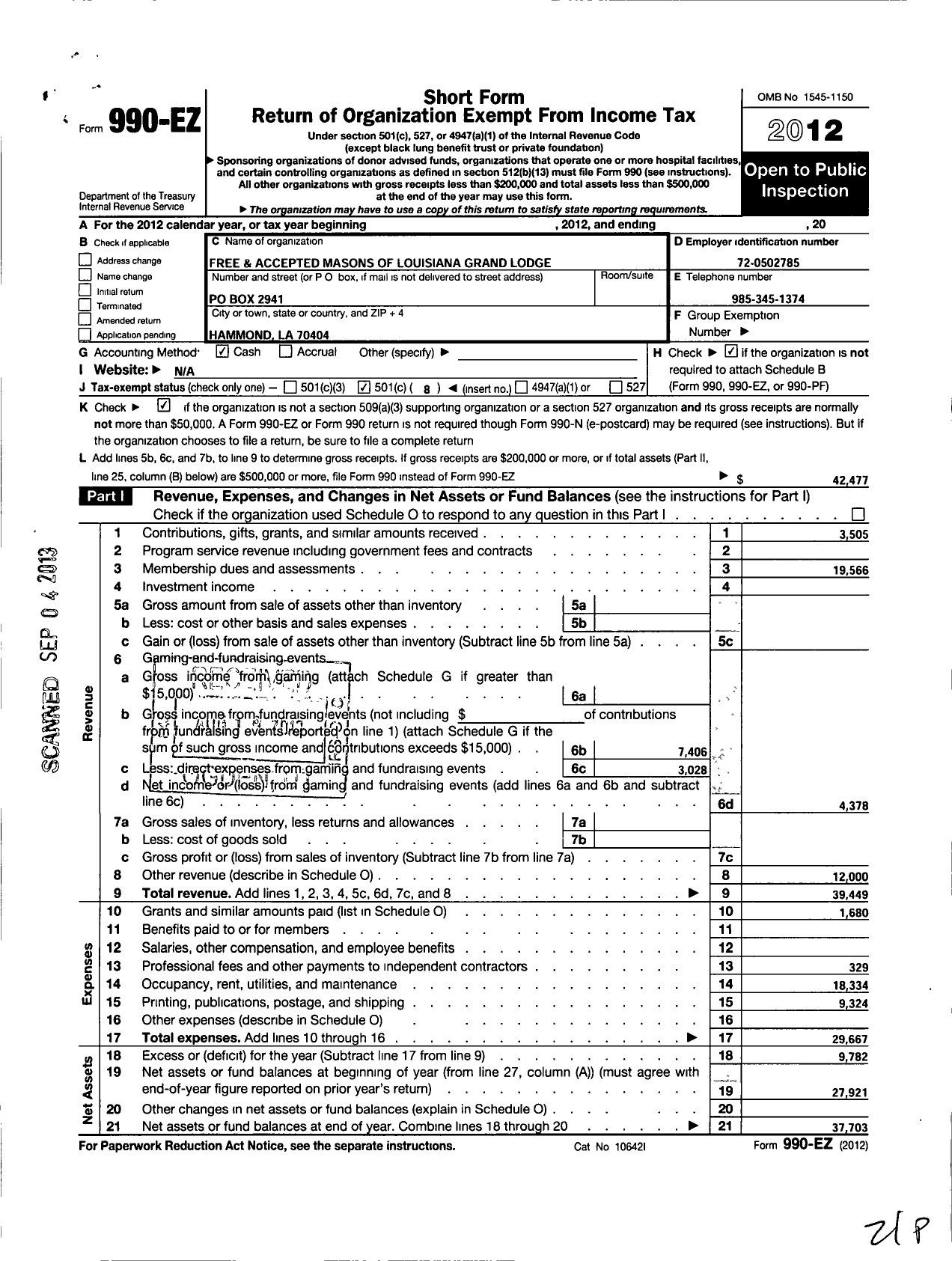 Image of first page of 2012 Form 990EO for Free and Accepted Masons of Louisiana Grand Lodge - 160 Livingston Lodge