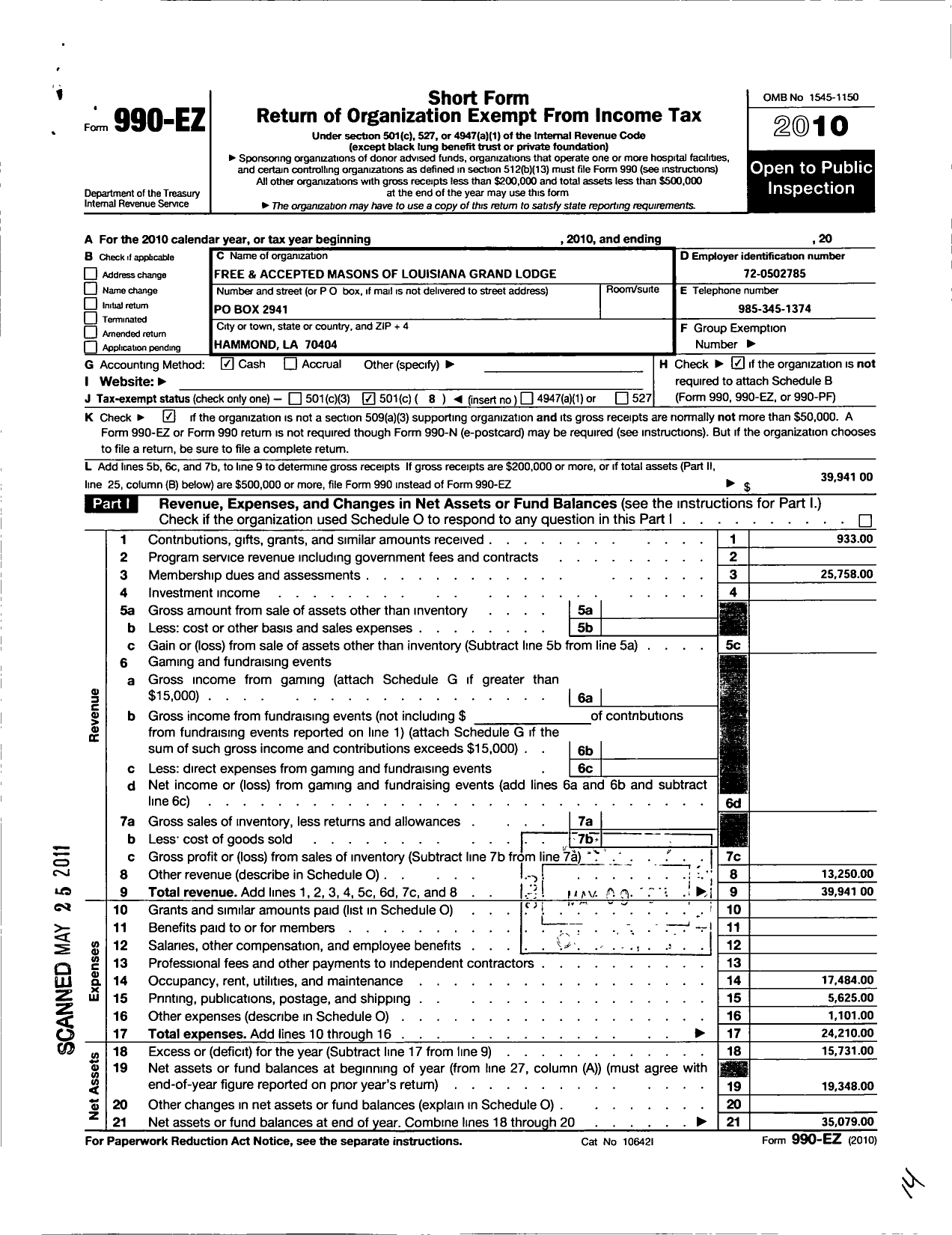 Image of first page of 2010 Form 990EO for Free and Accepted Masons of Louisiana Grand Lodge - 160 Livingston Lodge