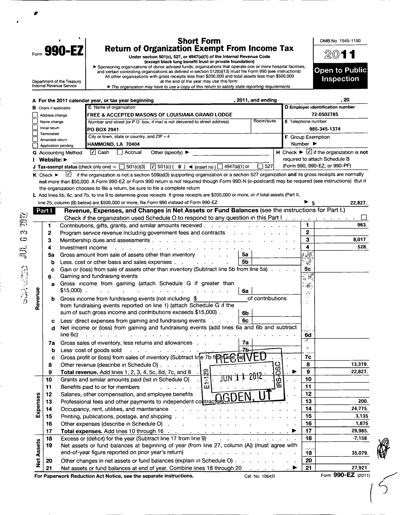 Image of first page of 2011 Form 990EO for Free and Accepted Masons of Louisiana Grand Lodge - 160 Livingston Lodge