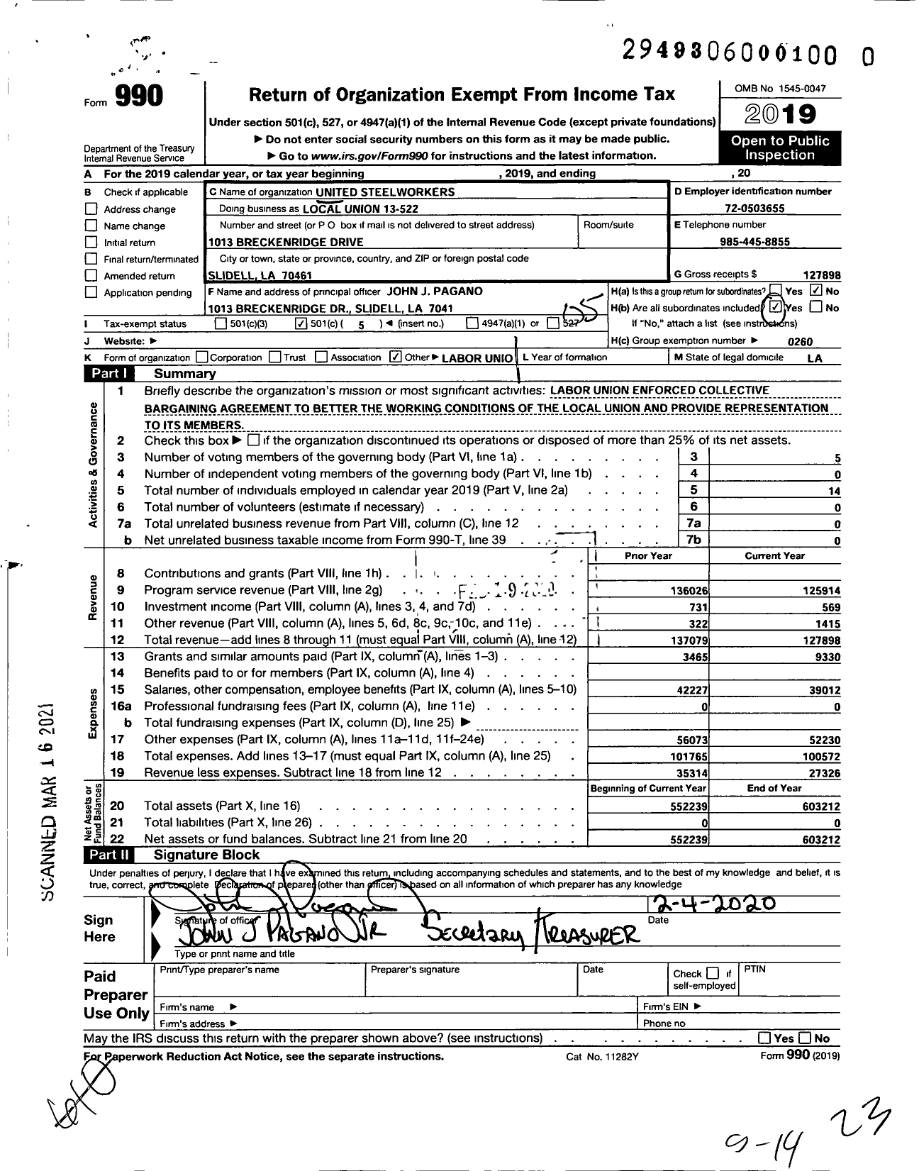 Image of first page of 2019 Form 990O for United Steelworkers - Local Union 13-00522